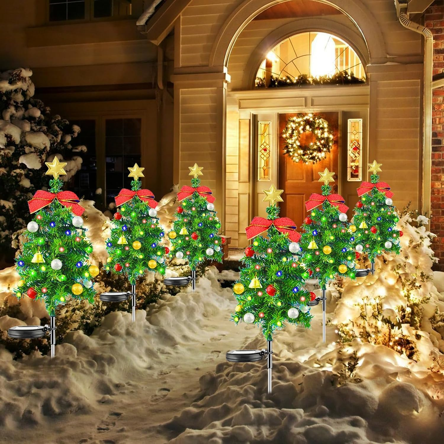 2 Pack Solar Christmas Trees Lights，68Cm Solar Waterproof Christmas Tree with LED Four Color Decorated Prelit Gift Boxes & Ornaments for Pathway Patio Yard Garden image number 2