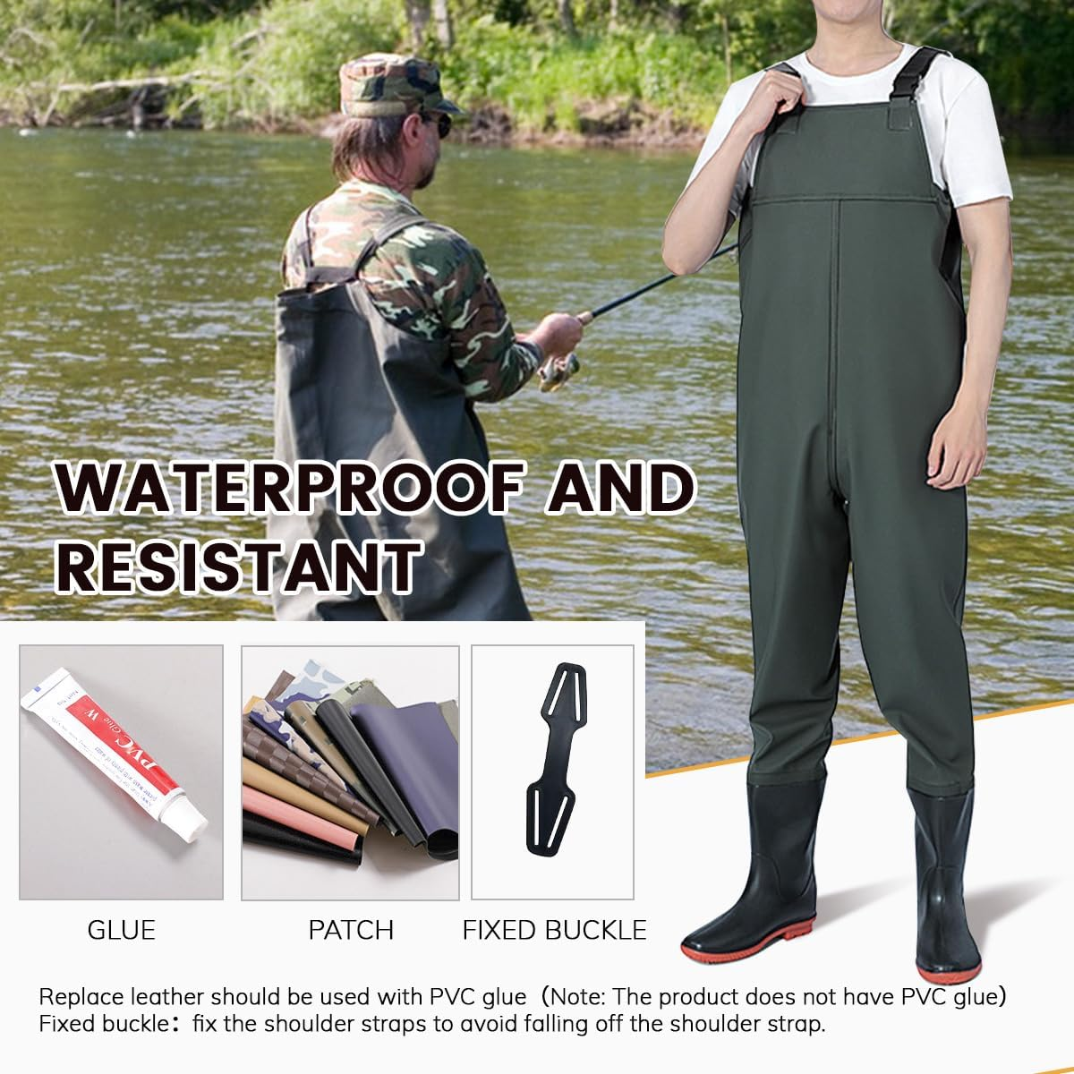 PVC Fishing Chest Waders for Men, Waterproof Bootfoot Waders with Boot Hanger, Green, 42