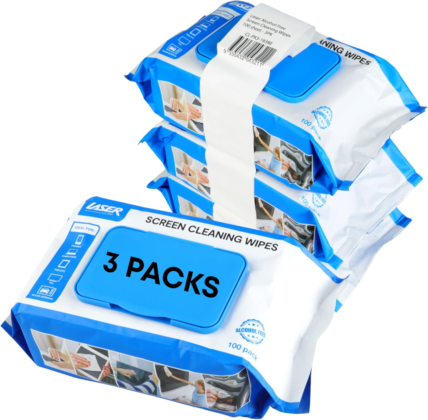 Laser 3 Pack Screen Cleaning Wipes (100 per Pack) &ndash; Anti-Static Alcohol-Free Wipes for TV, Laptop, Smartphone & Tablet Screens &ndash; Streak-Free Electronics Cleaner for Home or Office image number 2
