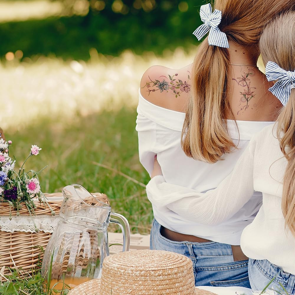 10 Sheets Temporary Flower Tattoos Waterproof Abstract Flowers Birds Butterflies Animal Face Tattoos Gems Face Tattoos for Women Girls Kids Parties image number 6