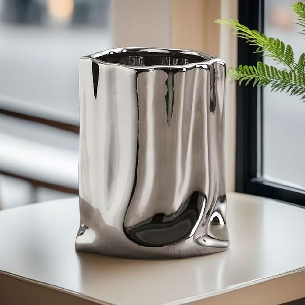 Hbluefat Fake Flowers with Vase, Silk Tulip Artificial Flowers in Flat Ceramics Vase, Small Faux Flower Arrangement for Home Office Decoration, Dining Table Centerpiece (Sunset Red,Silver) - Champagne,Gold image number 6