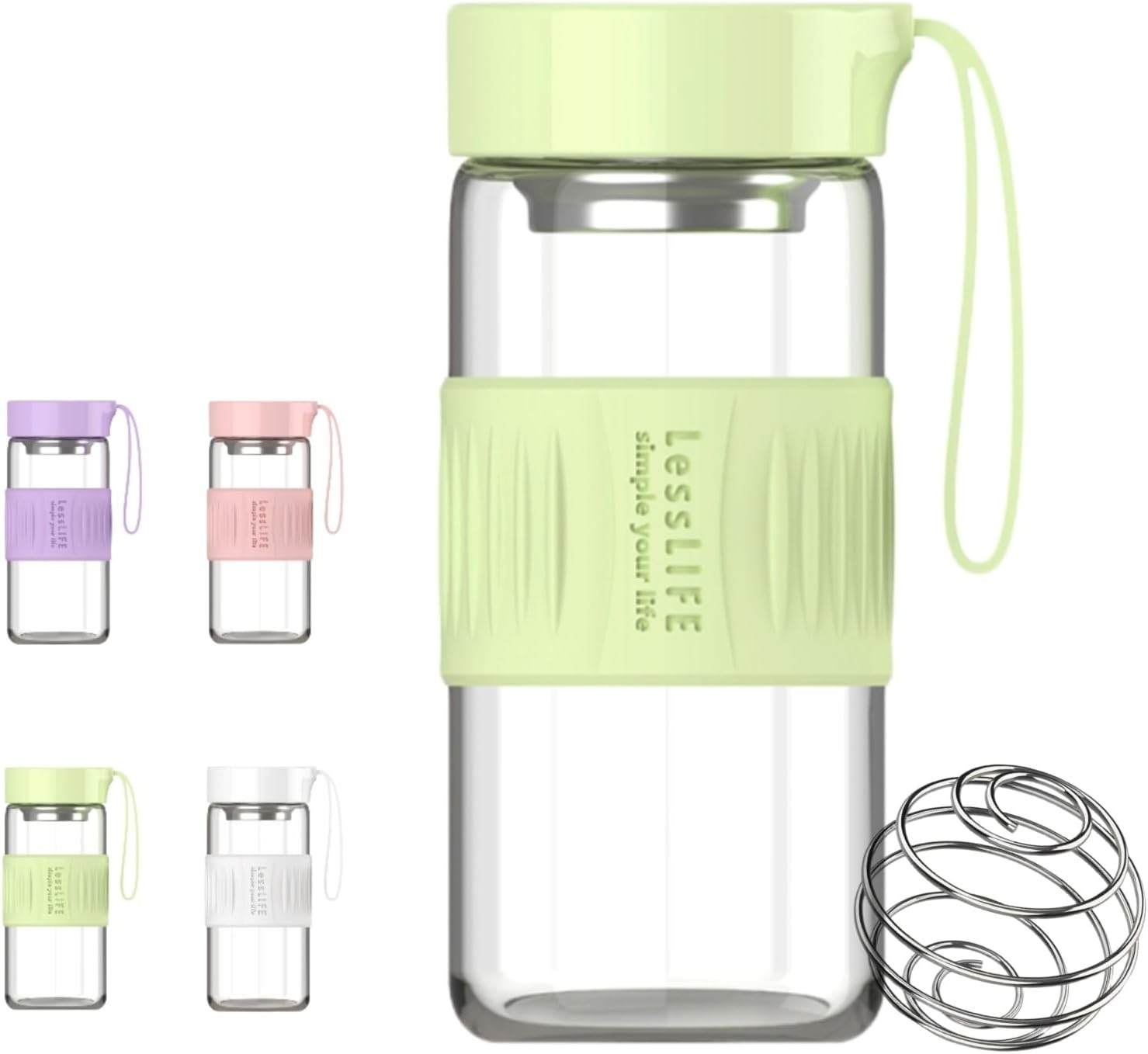 HENGFEI Glass Shaker Bottle for Protein Mixes,16Oz Glass Shaker with Silicone Carry Handle, Strainer and Shaker Ball (Ivory)