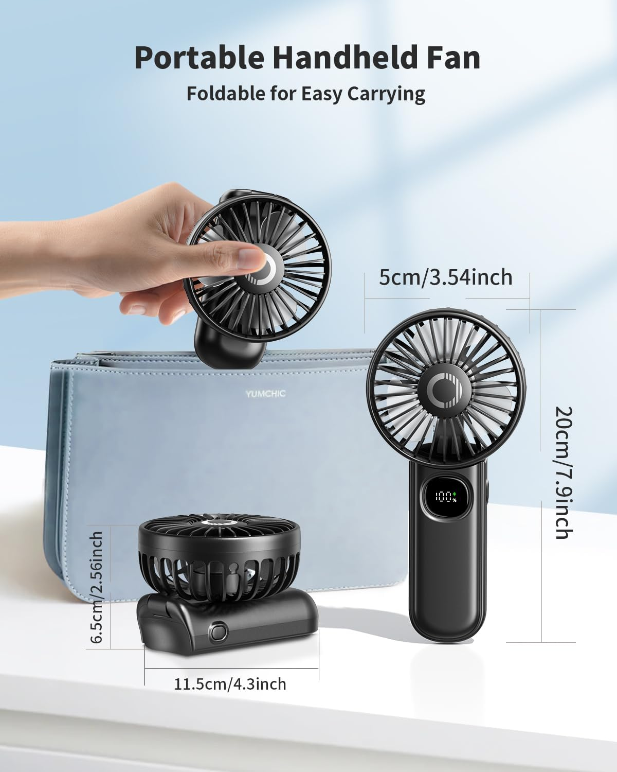 Handheld Fan, Foldable Portable Fan with LED Display, 3000Mah Battery Operated Mini Hand Held Fan, Handheld/Neck/Desk 3 in 1 Personal Small Fan for Eyelash Makeup Travel Beach Outdoor Black image number 2