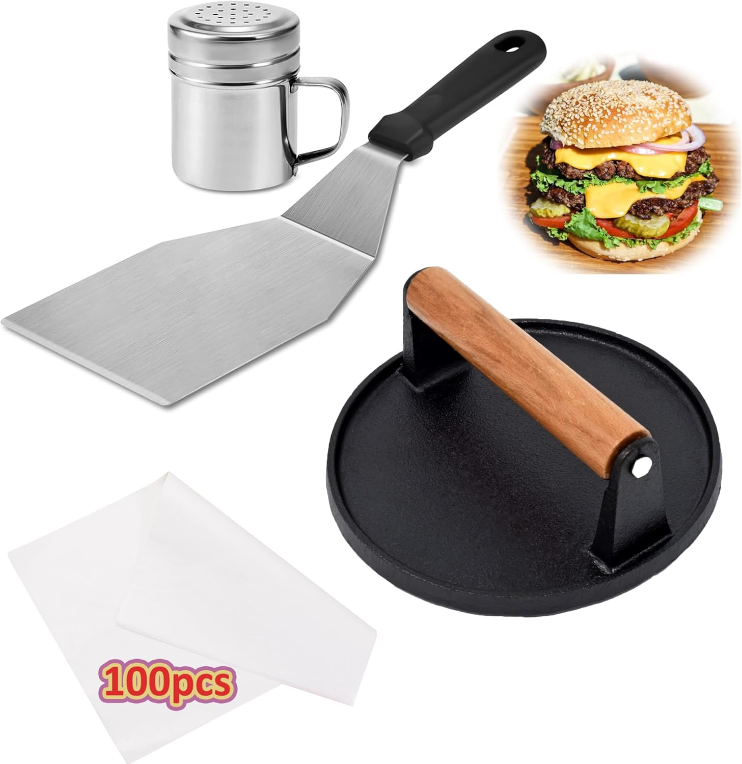 Ultimate Smash Burger Press Kit &ndash; Heavy Duty Cast Iron Press, Spatula, Seasoning Shaker & 100 Patty Papers &ndash; Grill like a Pro on Flat Top or Outdoor BBQ image number 5