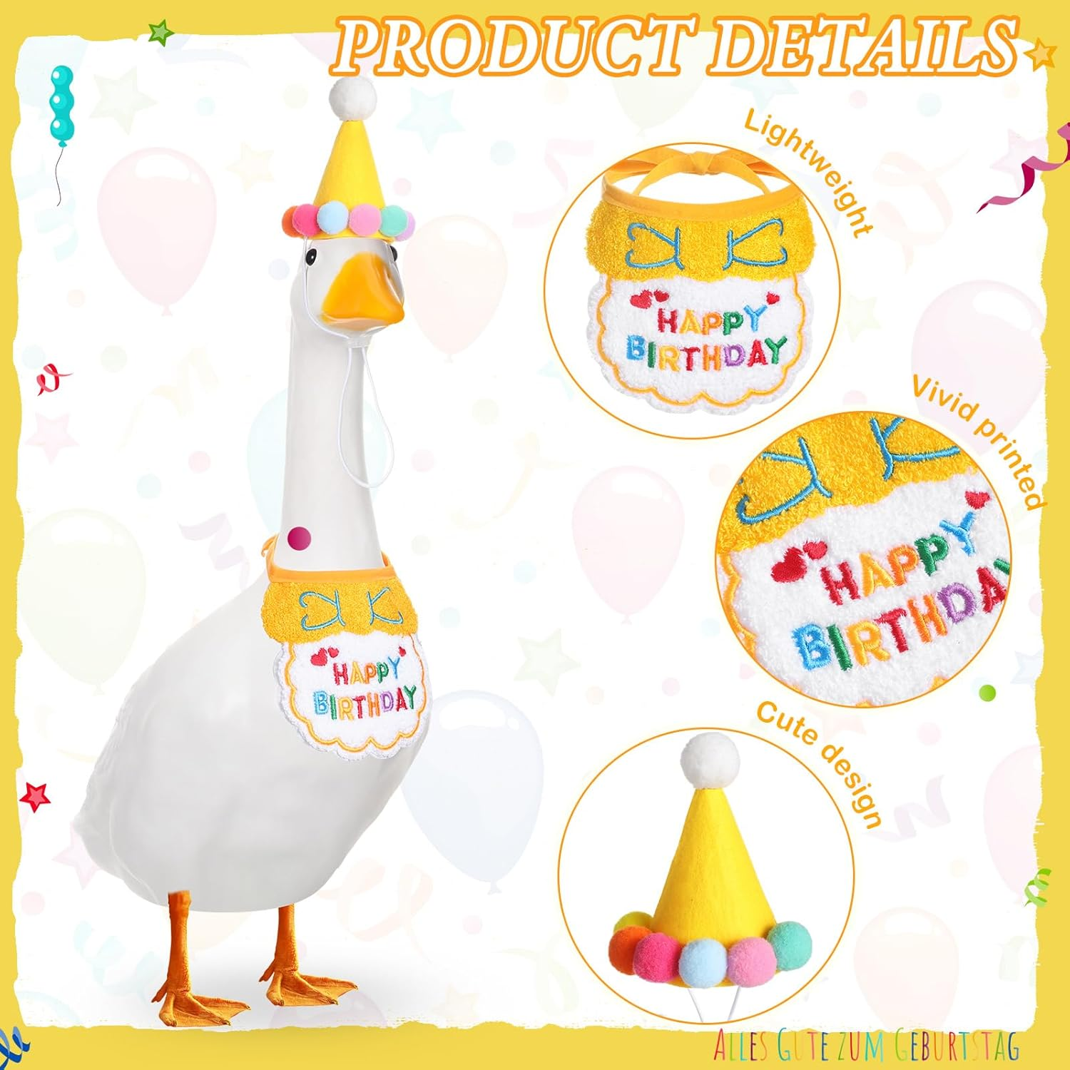 Abbylike Happy Birthday Goose Outfit Lawn Porch Goose Outfits with Party Hat Bandana for 23" 17" Cement Plastic Duck Decor - Yellow image number 3