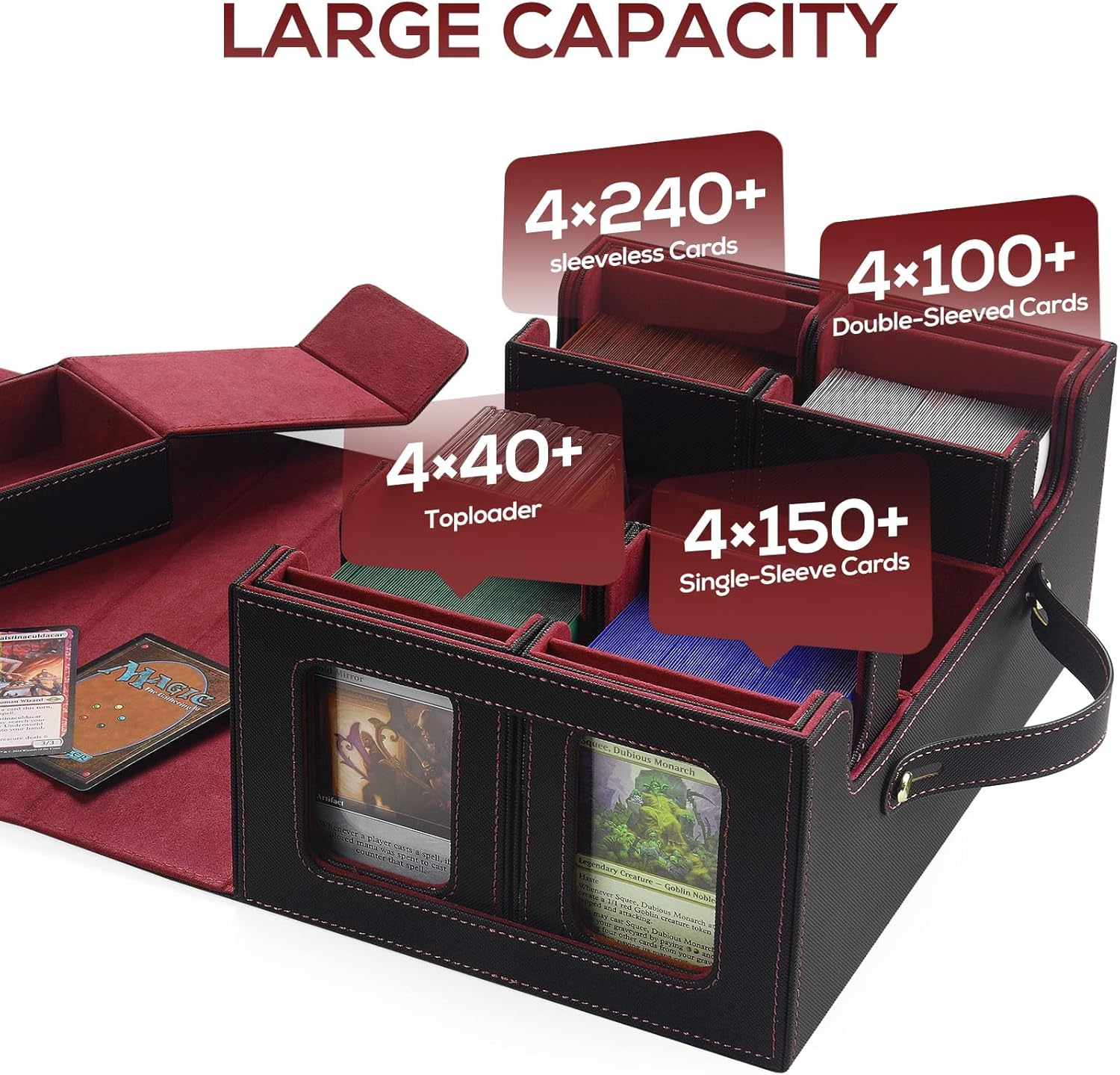 Cyperever Trading Card Storage Box for MTG, Card Storage Box with Commander Display, Multi-Purpose MTG Deck Box for Graded Storage with 4 Toploaders, 8 Stoppers, 8 Dividers (Black & Red) image number 4
