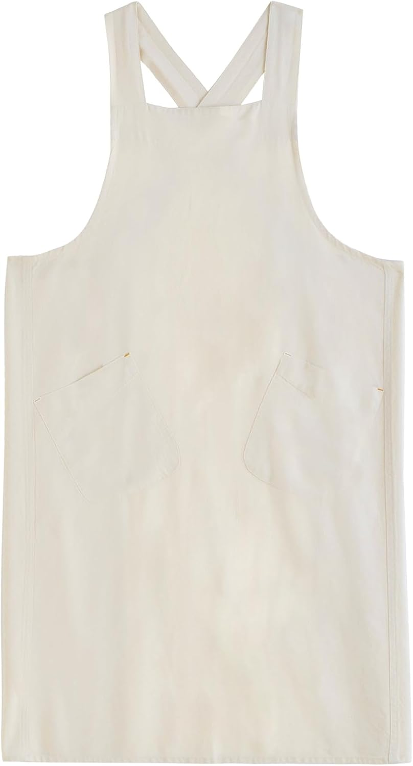 Surblue Cotton Linen Aprons for Women Cross Back Kitchen Apron with Pockets Pinafore Dress for Baking Cooking Gardening Work