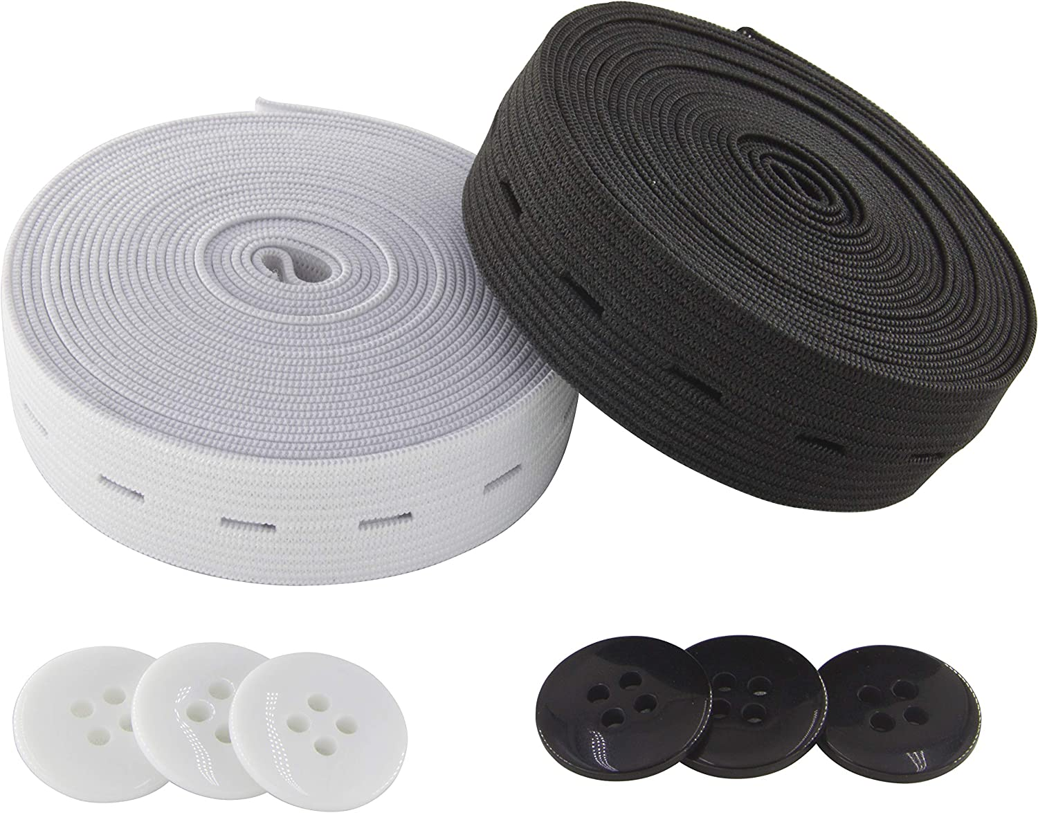 Flat Sewing Band Spool with Buttonholes, Elastic Stretchable, Ideal for DIY Waistbands and Necklines (White, 3/4 Inch &times; 3 Yards)