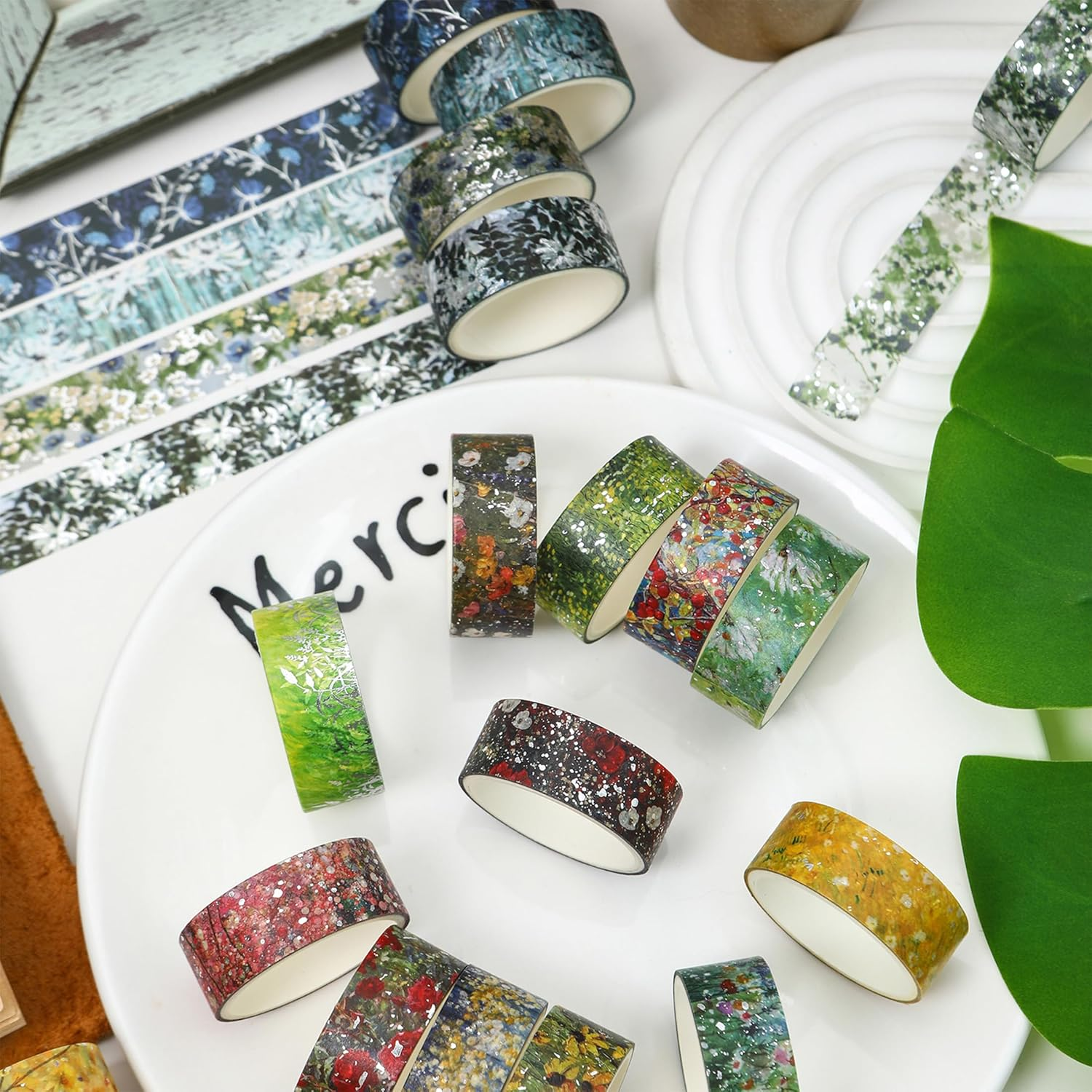 Songdao 12 Rolls Flowers Washi Tape Set Floral Arts Adhesive Tapes Splast Silver Decorative Masking Tape Sets for Craft, Kids, Scrapbook, DIY, Gift Wrapping (Floral Symphony) image number 2