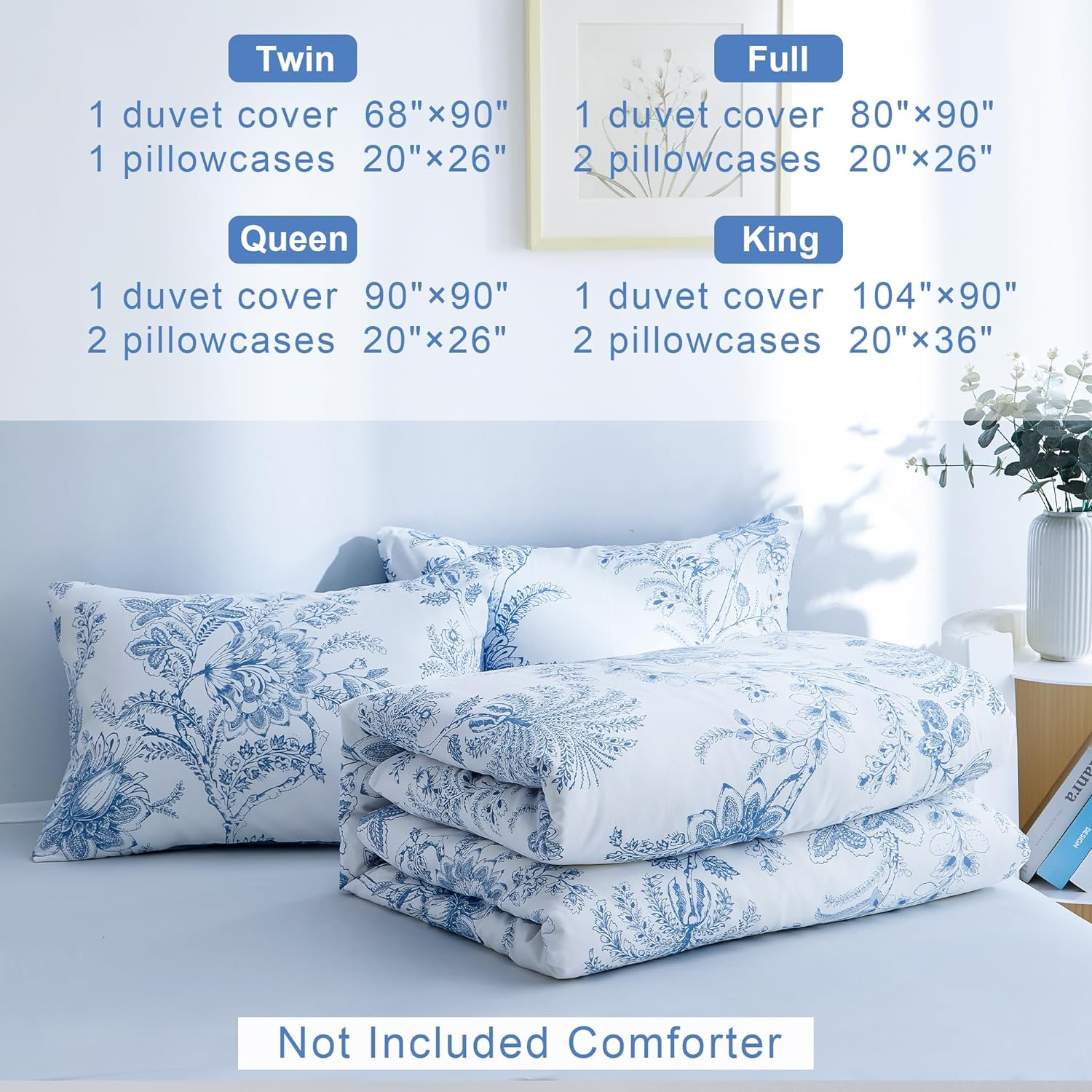 BOLINLIVING Floral Duvet Cover Queen Size 3 Pieces, Flower Duvet Cover with 2 Pillow Shams, Soft Floral Bedding Set White and Blue for All Season, Breathable, Zipper Closure&hellip; image number 3