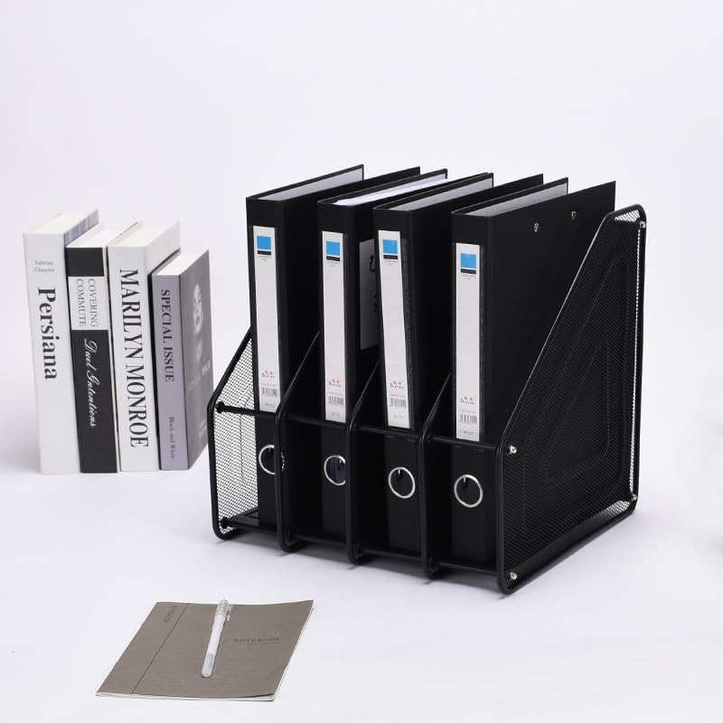 Mesh Desktop File Folder Organiser, 4-Compartment Desk Organiser for Document Folders, Vertical Filing Cabinet for Letter Mail Folder, Black Book Magazine Holder image number 4