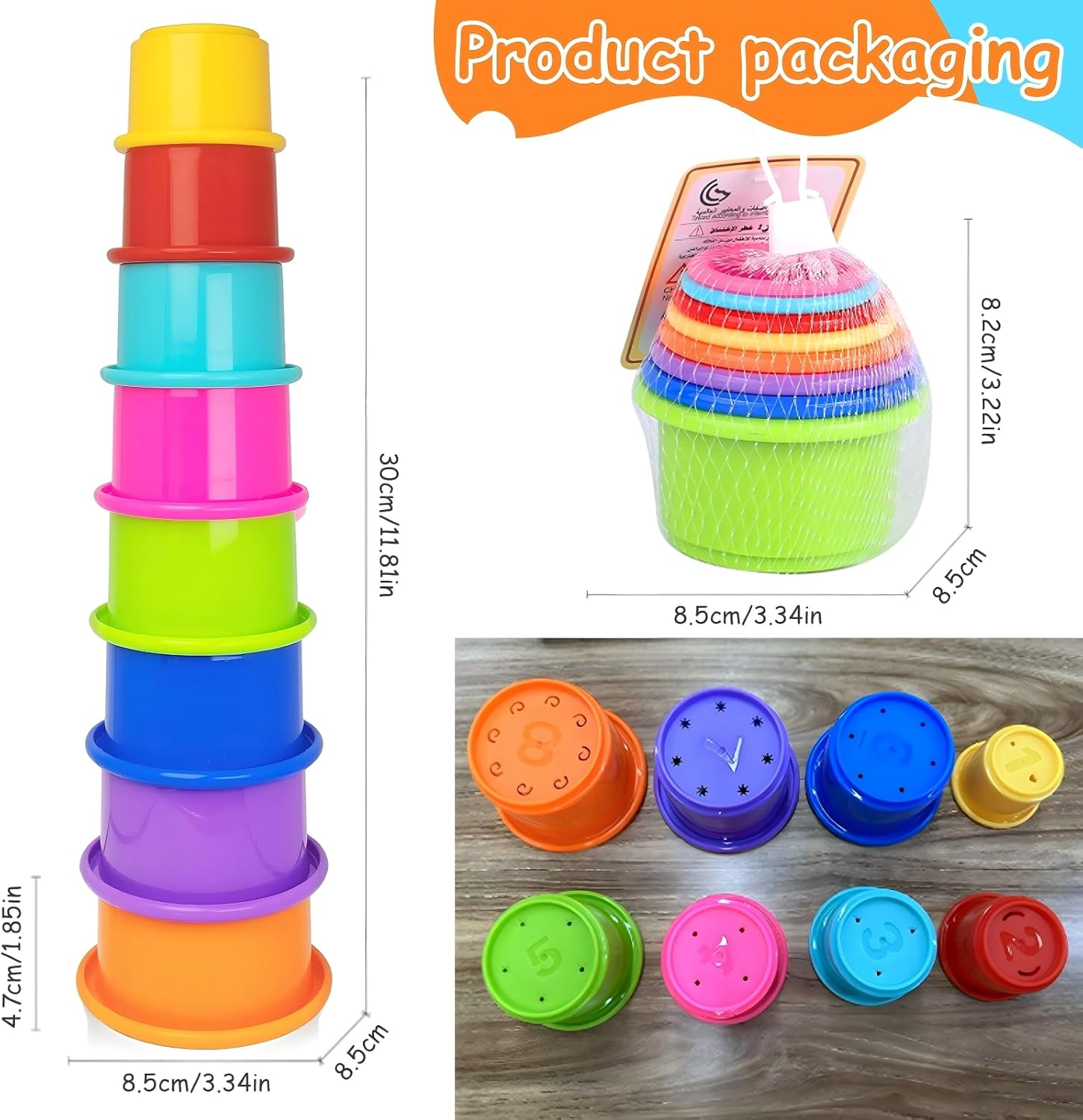 Stacking Cups, Baby Toys for Toddlers 1-3 Year Old Stack and Count, Multicolour Baby Stacking Water Set, Stackable Cup for Learning, Toddler Cups Water Table Toy, Baby Bath Toy (8 Count) image number 3