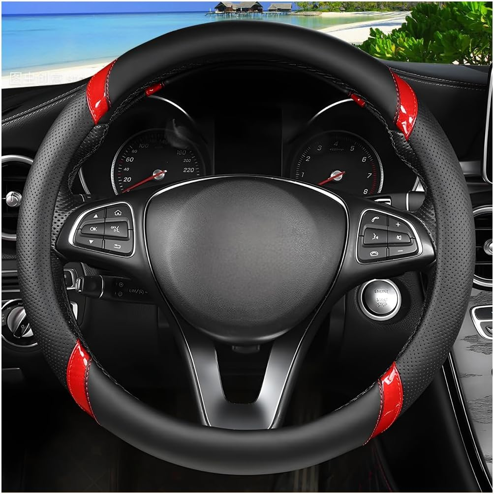 Sandfren Carbon Fiber Car Steering Wheel Cover, 15 Inch Breathable PU Leather Vehicle Steering Wheel Protector with Anti-Slip Lining, Soft Automotive Interior Accessory, Universal Fit (Black/Orange) - Black/Blue image number 7