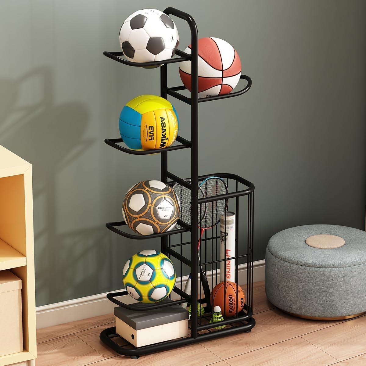 Ball Storage Rack with Basket - Football Stand, Sports Equipment Organizer for Garage, Basketball Holder, Toy/Sports Gear Storage Indoor (5 Balls) image number 3