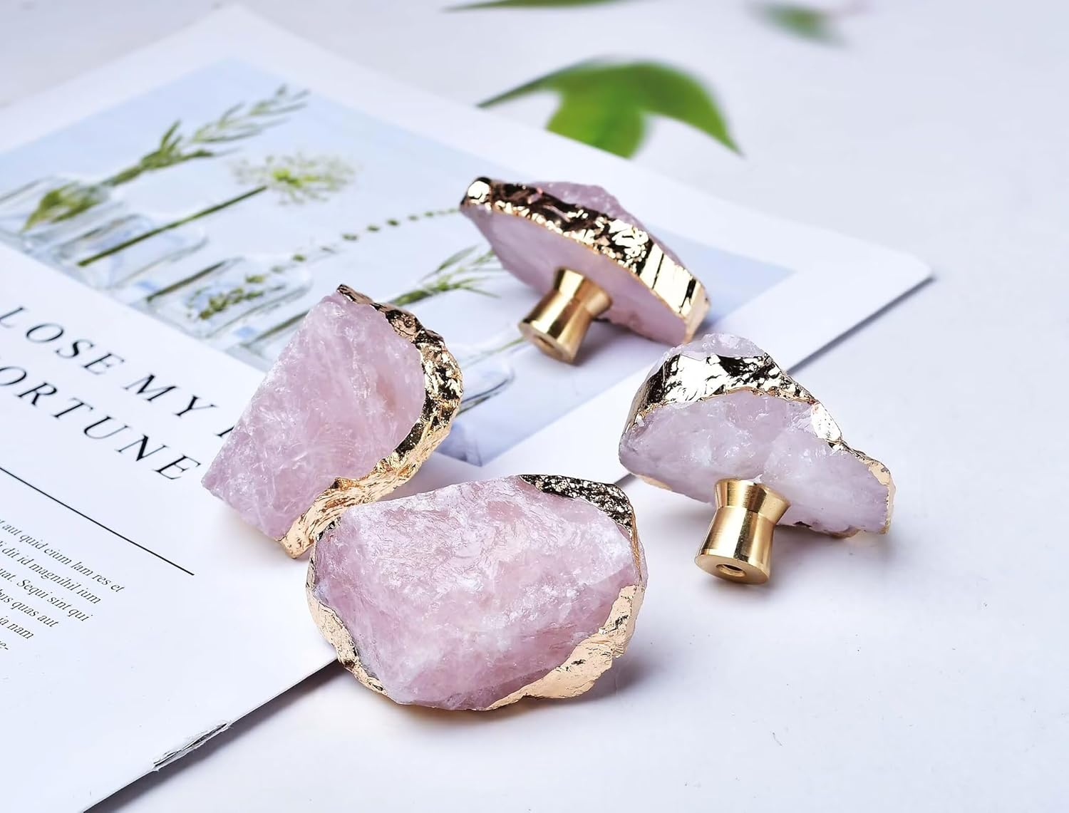 FZBHRO Rose Quartz Drawer Cabinet Knobs Pink Crystal Stone Knobs Handles Gold Plated Gemstone Cupboard Pulls Decorative for Home Office 4 Pack - Pink image number 3