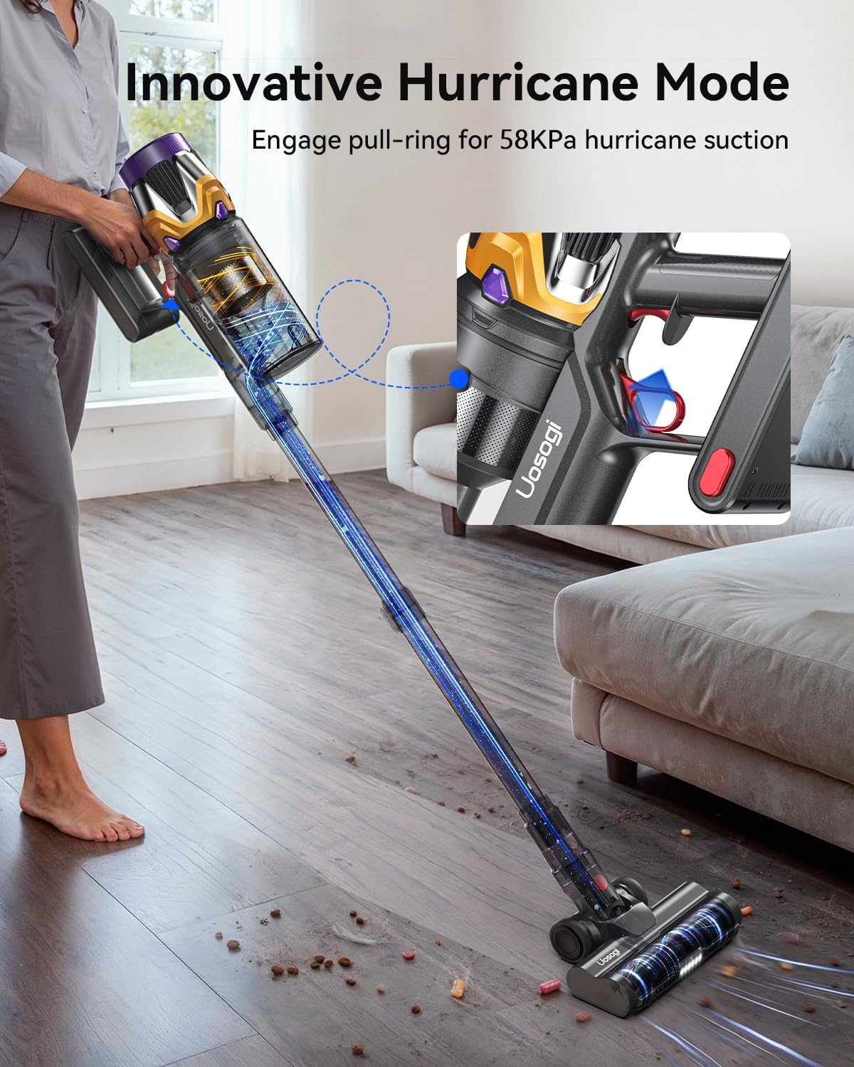 Cordless Vacuum Cleaner, Upgraded 50KPA 600W 70Mins Stick Vacuum with Hurricane Mode, Self-Standing, Touch Screen, 1.8L Dust Cup, Anti-Tangle Wireless Vacumm, Vacuum Cleaners for Home/Pet Hair/Carpets image number 5