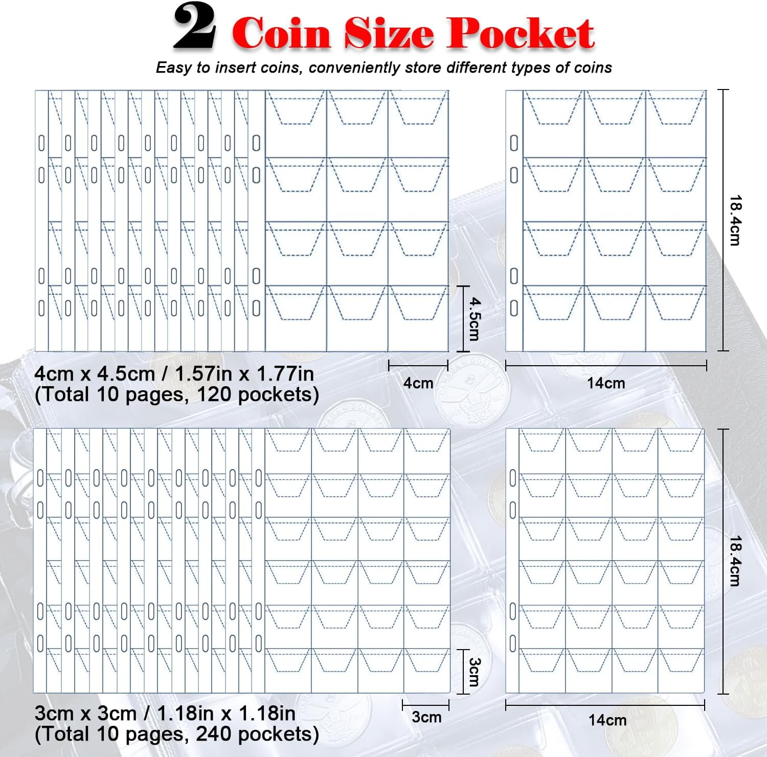 Intendvision Coin Collection Album - 20 Pages 360 Pockets Coin Storage for Collectors, 2 Coin Size Pockets Coin Holder Coin Collection Book for Coins, U.S.Pennies Dimes Nickels Quarters, Small Badges image number 2