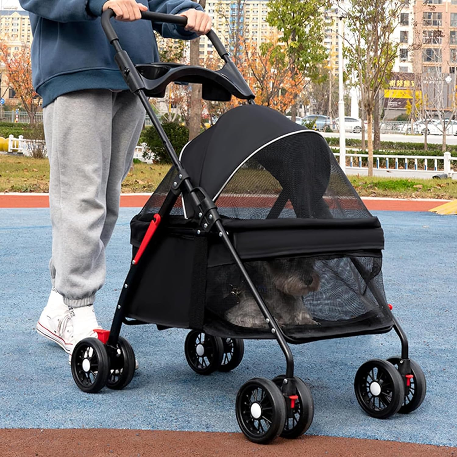 4 Wheels Dog Cat Stroller, Foldable Pet Folding Stroller with Storage Basket and Cup Holder for Medium Small Dogs Cats, Black image number 5