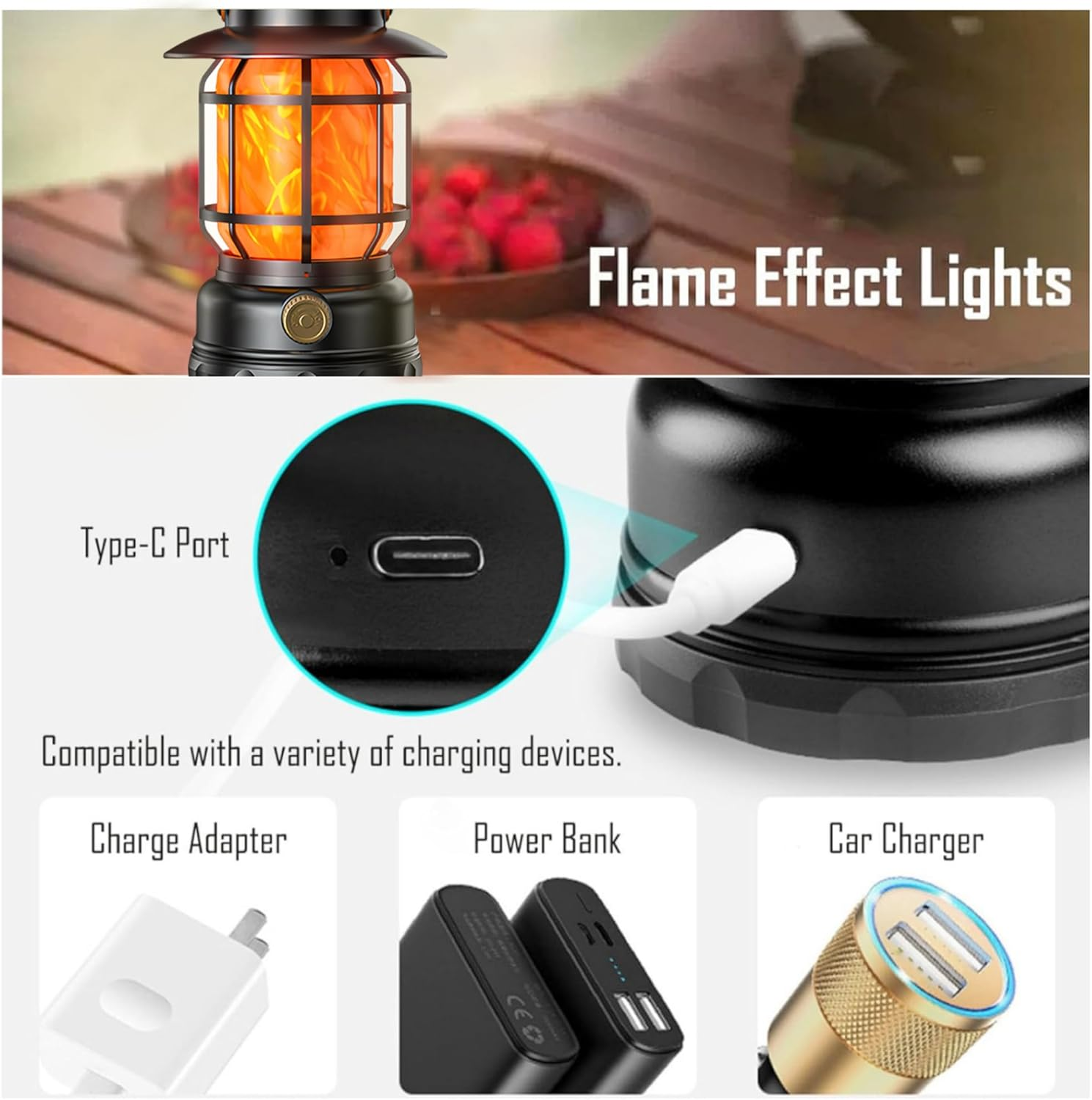 Clearhill Rechargeable Camping Lantern, Flame Decorative Table Lamp, 2Modes LED Light with Hook,Dimmable Vintage Style,Portable Waterproof Camping Light for Indoor/Outdoor Use (Black) image number 2