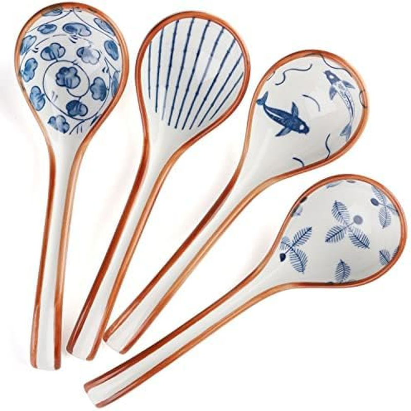 Asian Soup Spoon Ceramic Ramen Spoons Korean Spoons Porcelain Japanese Soup Spoon for Ramen Noodles Pho Miso Dumpling 4Pcs (Style 1)