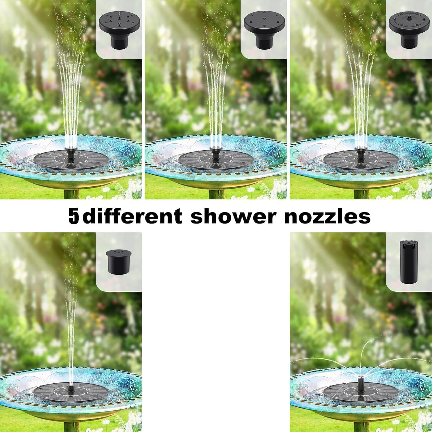 Jiaozoum Solar Water Fountains (18Cm),Solar Powered Bird Bath Fountain with 5 Nozzles - Free Standing Floating Solar Fountains for Bird Bath, Garden, Pond, Pool (Black-2.5W)