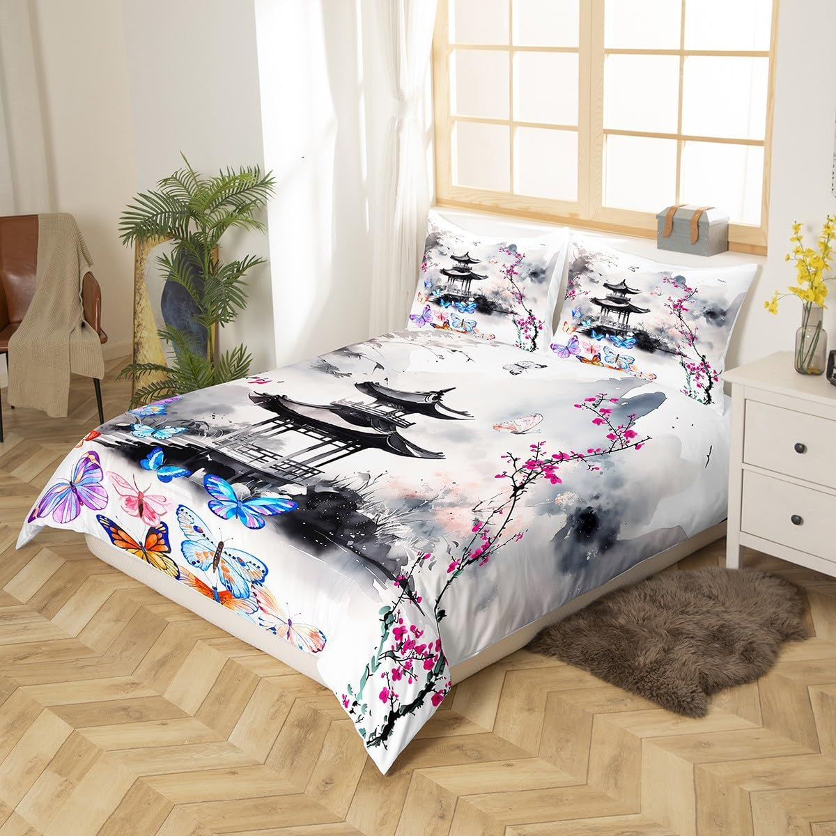 Manfei Chinese Style Duvet Cover Set Twin Size, Watercolor Butterfly Flower Comforter Cover with 1 Pillowcase, Ink Painting Mountain Bedding Set 2Pcs for Kids Boys Girls Lightweight Bedspread Cover image number 7