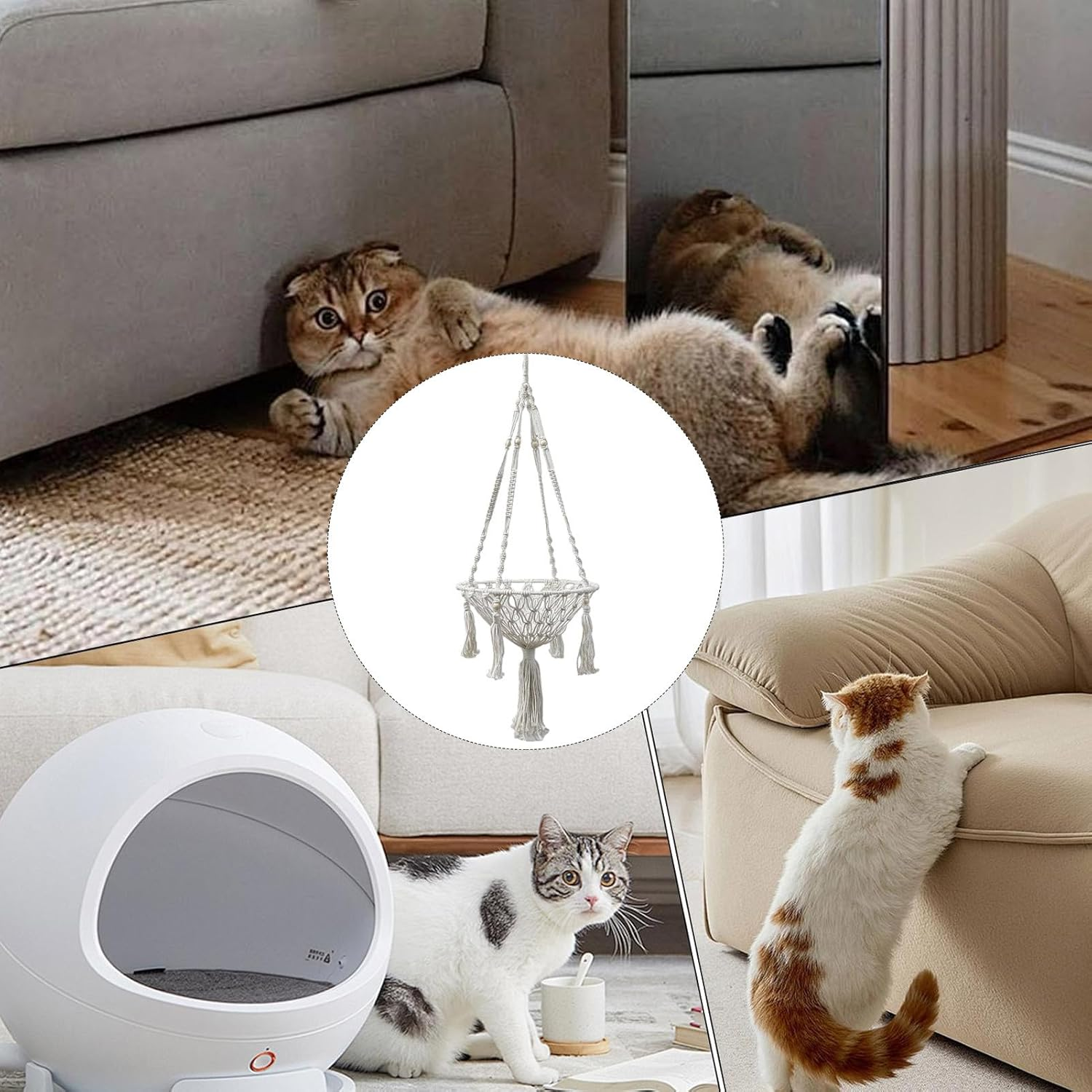 Macrame Cat Hammock - Macrame Cat Summer Bed - Cotton Rope Woven Net Decorative Basket for Cats and Puppies for Climbing Storage Bedside Desk Perch Windowside Outdoor image number 4