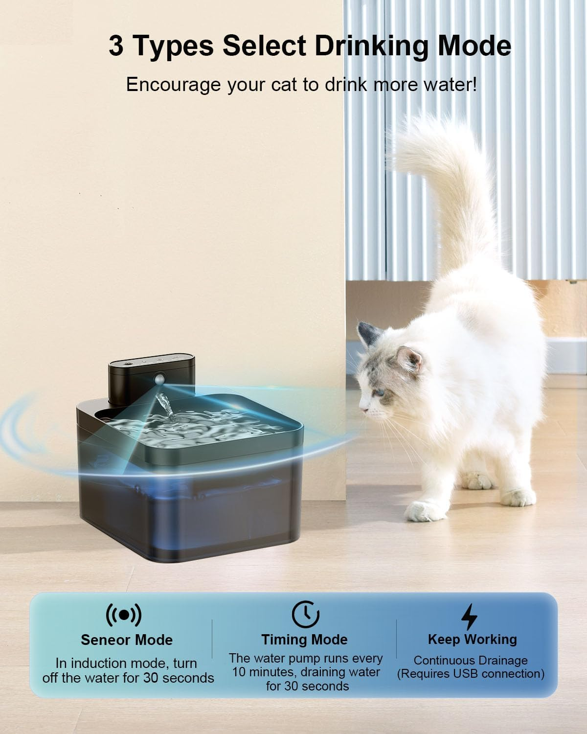 Wireless Cat Fountain, 2.2 L Drinking Fountain for Cats, Cat Drinking Fountain, Super Quiet Pump with LED and Activated Carbon Filter (3 Replacement Filters + 3 Sponges)