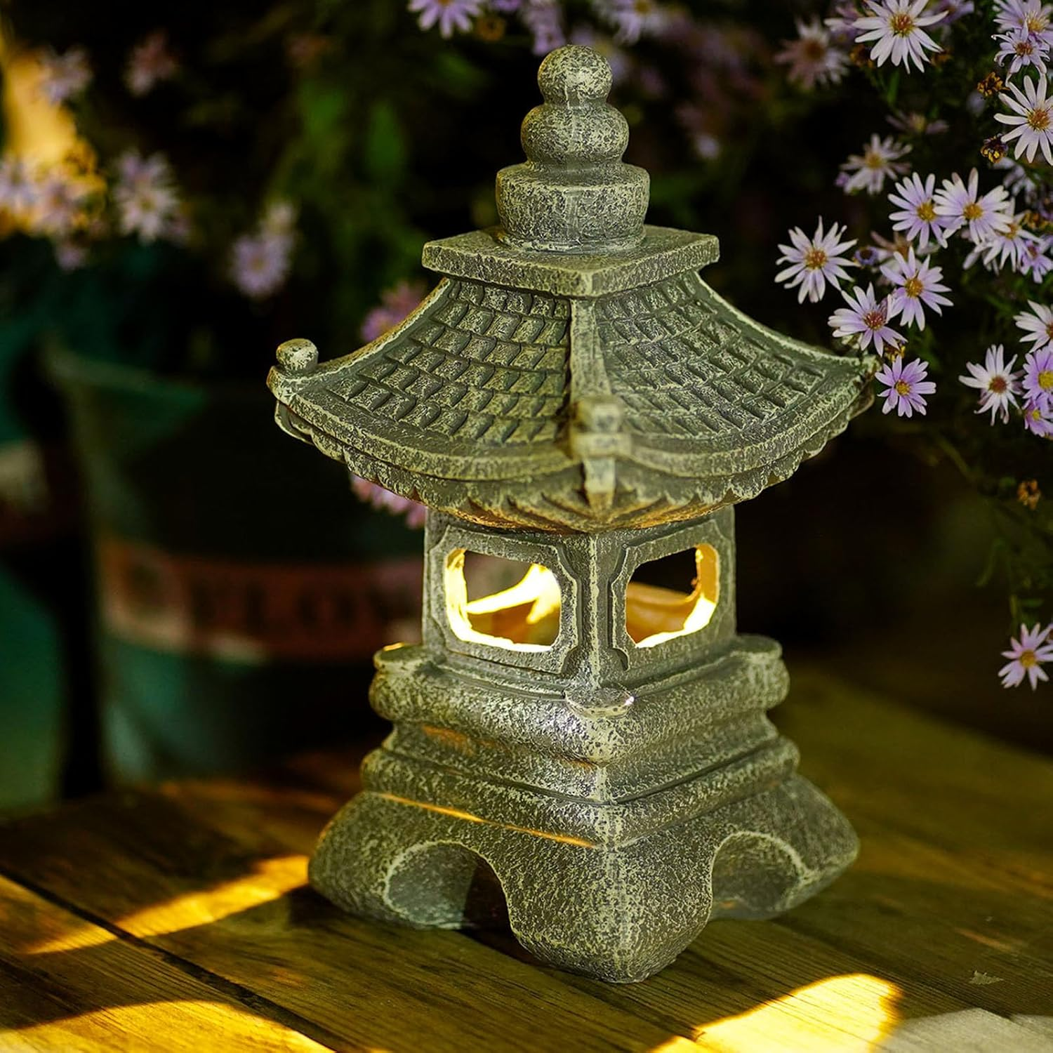 Gardenfans Solar Pagoda Lantern Garden Statue LED Light Outdoor Zen Garden Japanese Lantern for Landscape Balcony Patio Porch Yard Art Decor 6.7" H Gray Stone Finish image number 4
