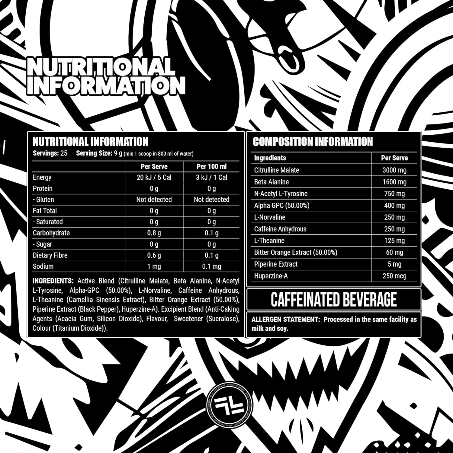 Faction Labs Disorder Original Pre Workout Powder, White Snow, Sugar Free Caffeinated Gym Supplement, 25 Serves, 225G