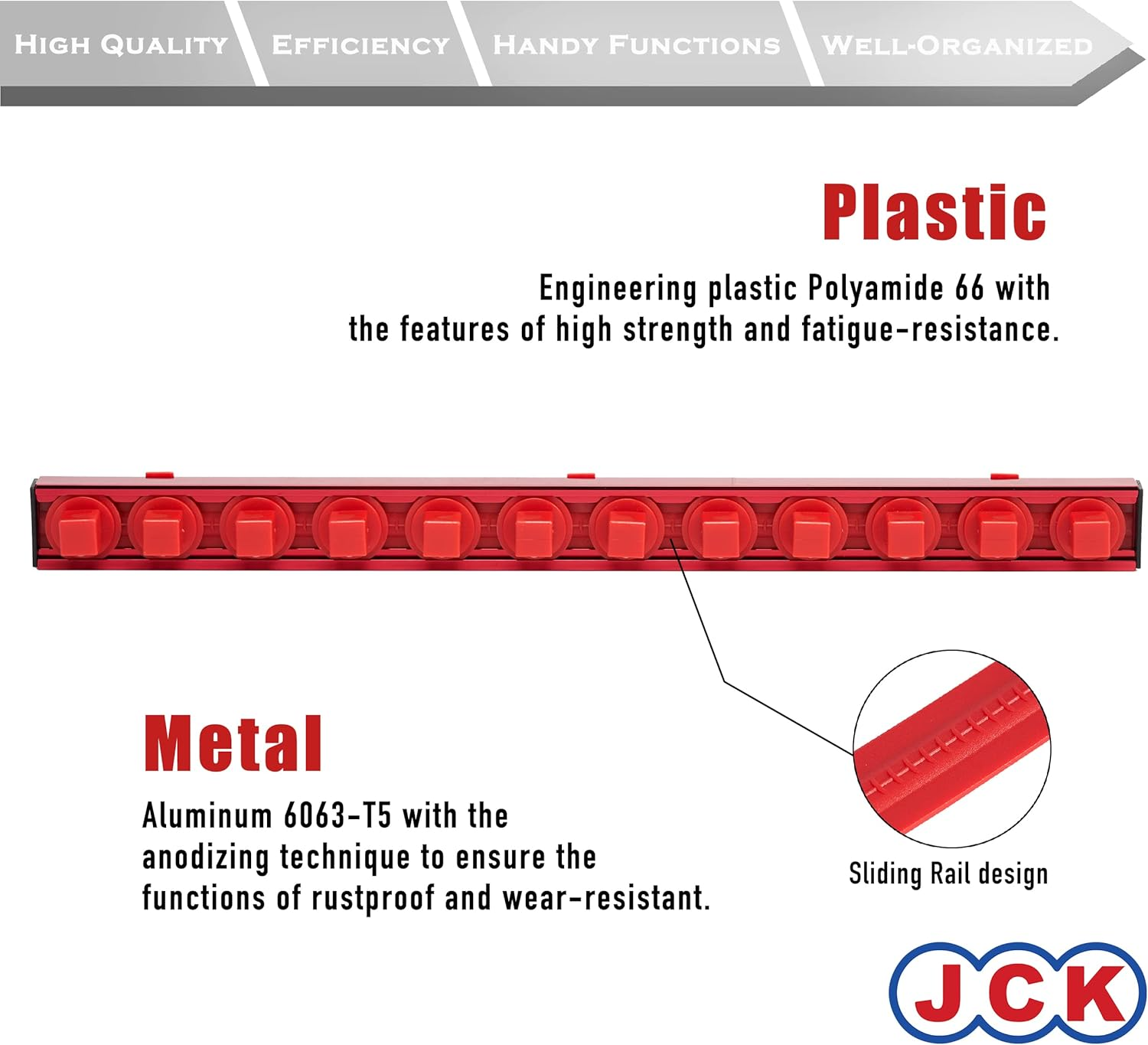 JCK Professional Quality Aluminum Socket Organizer (1/2" Socket) with Special Designed Strip & 360 Degree Rotary Positioning Studs Red for Metric/Imperial Tool Organizer Secure Socket Storage Toolbox image number 5