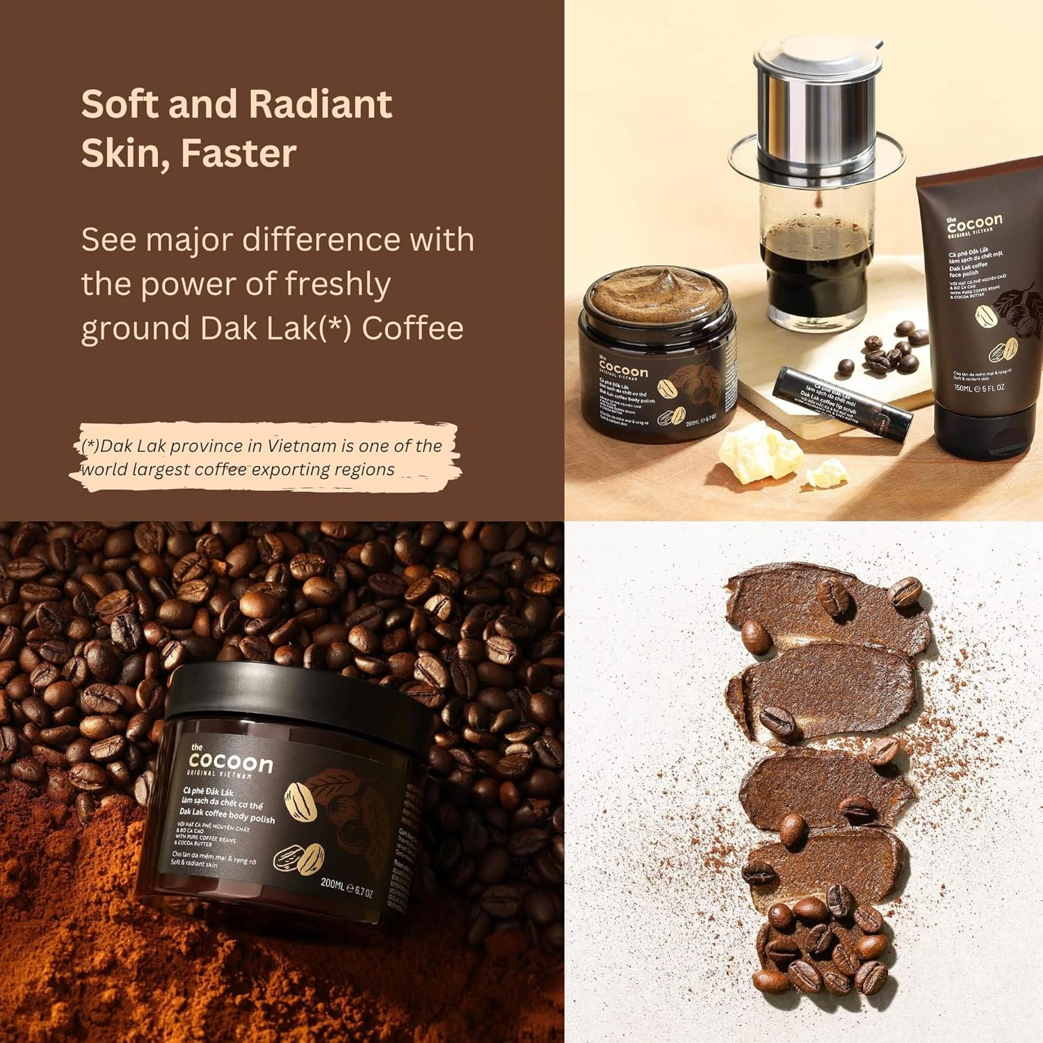 Cocoon Dak Lak Coffee Body Polish with Coconut & Shea Butter. 100% Vegan Exfoliating Scrub for Smooth & Glowing Skins | Reduce Stretch Marks, Acne & Cellulite | 200Ml image number 4