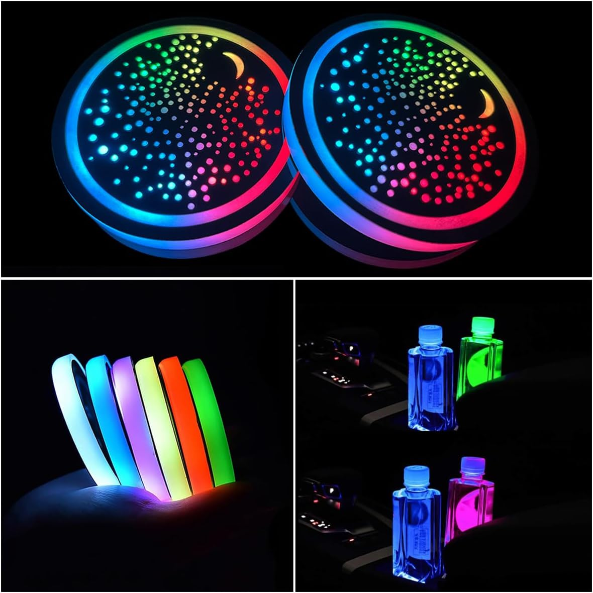 2 Pcs LED Car Cup Holder Lights,Usb Charging Car Coasters,7 Colors Luminescent Light Cup Pad,Luminescent Cup Pad Interior Atmosphere Lamp Decoration Light (Starry Sky)