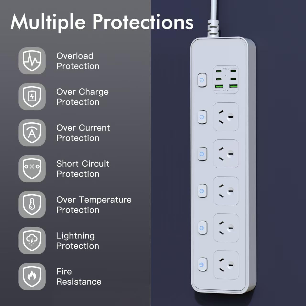 Power Board Individual Switch,11-In-1 Power Strip with 5 AC Outlets, Surge Protector Powerboard with 6 USB Ports(4 USB C Outlets), 1.8M Extension Cord Power Strip,Wall Mount for Home Office White image number 6