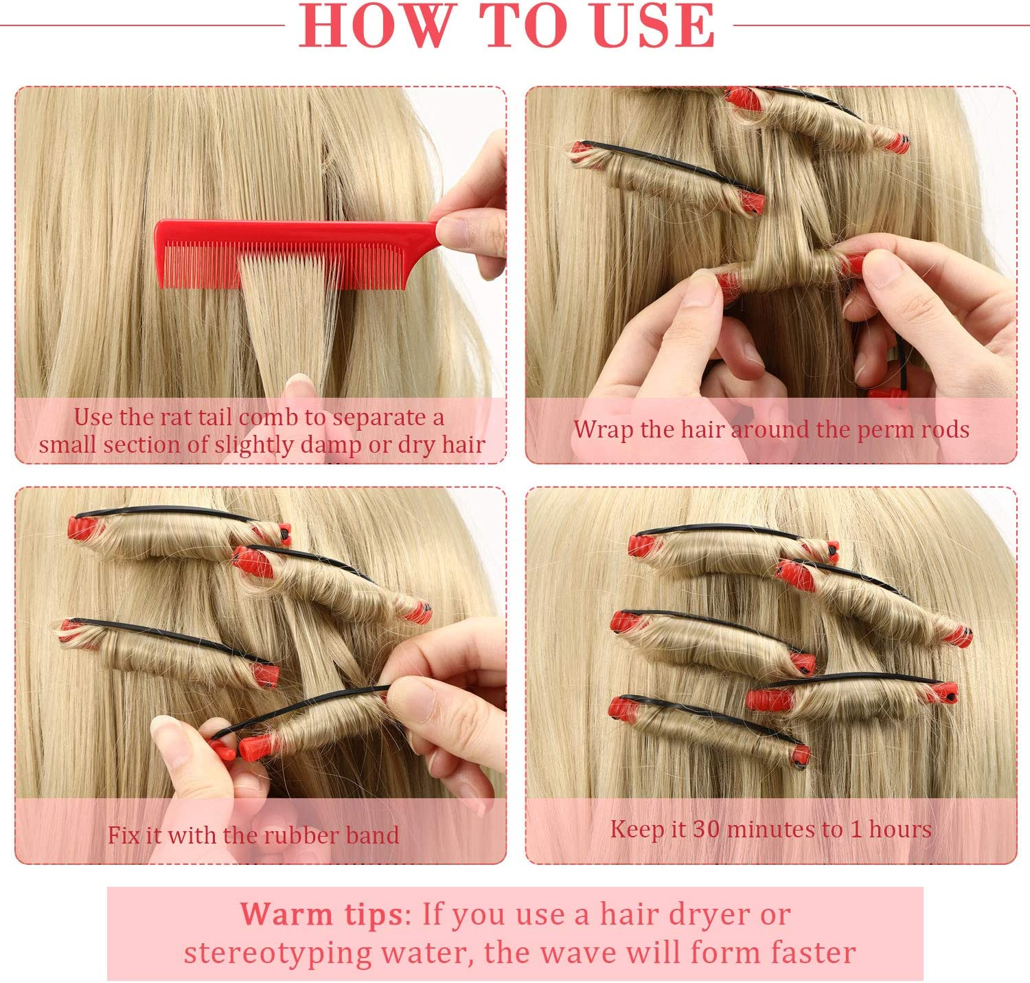 WILLBOND 60 Pcs Perm Rods for Short Long Hair Plastic Cold Wave Perming Curlers Small Hair Curling Rollers with Steel Pintail Rat Tail Kit for Women Hairdressing Styling Supplies(0.2 Inch,Red) - Red image number 2