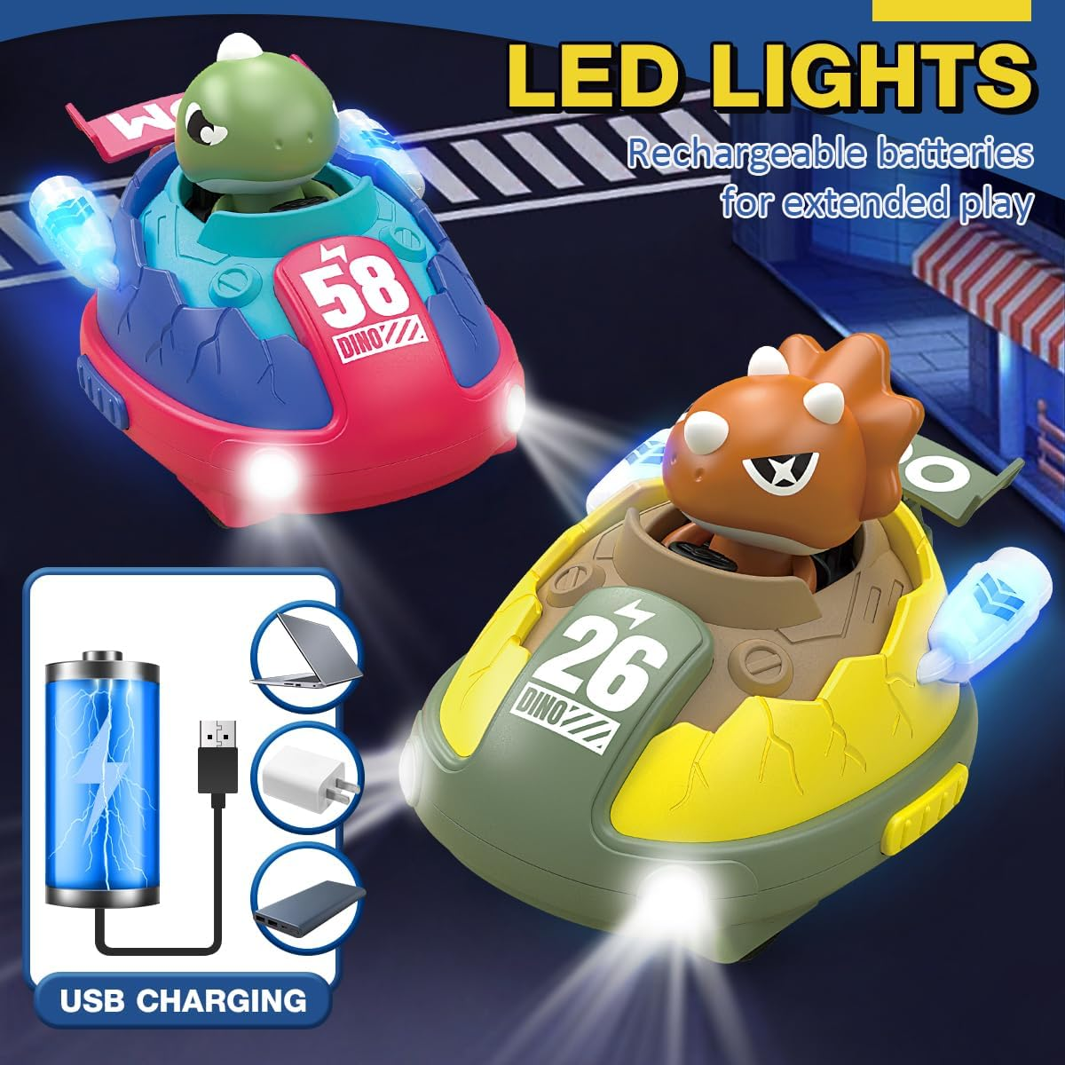 REMOKING 2 Pack Remote Control Car for 3 4 5 6 7 Year Old Boys, Dinosaur Toys with Lights & Sounds Effects, 360&deg; Rotation, 2.4Ghz RC Ejecting Bumper Car for Kids Age 3-8 Christmas Birthday Gifts image number 4