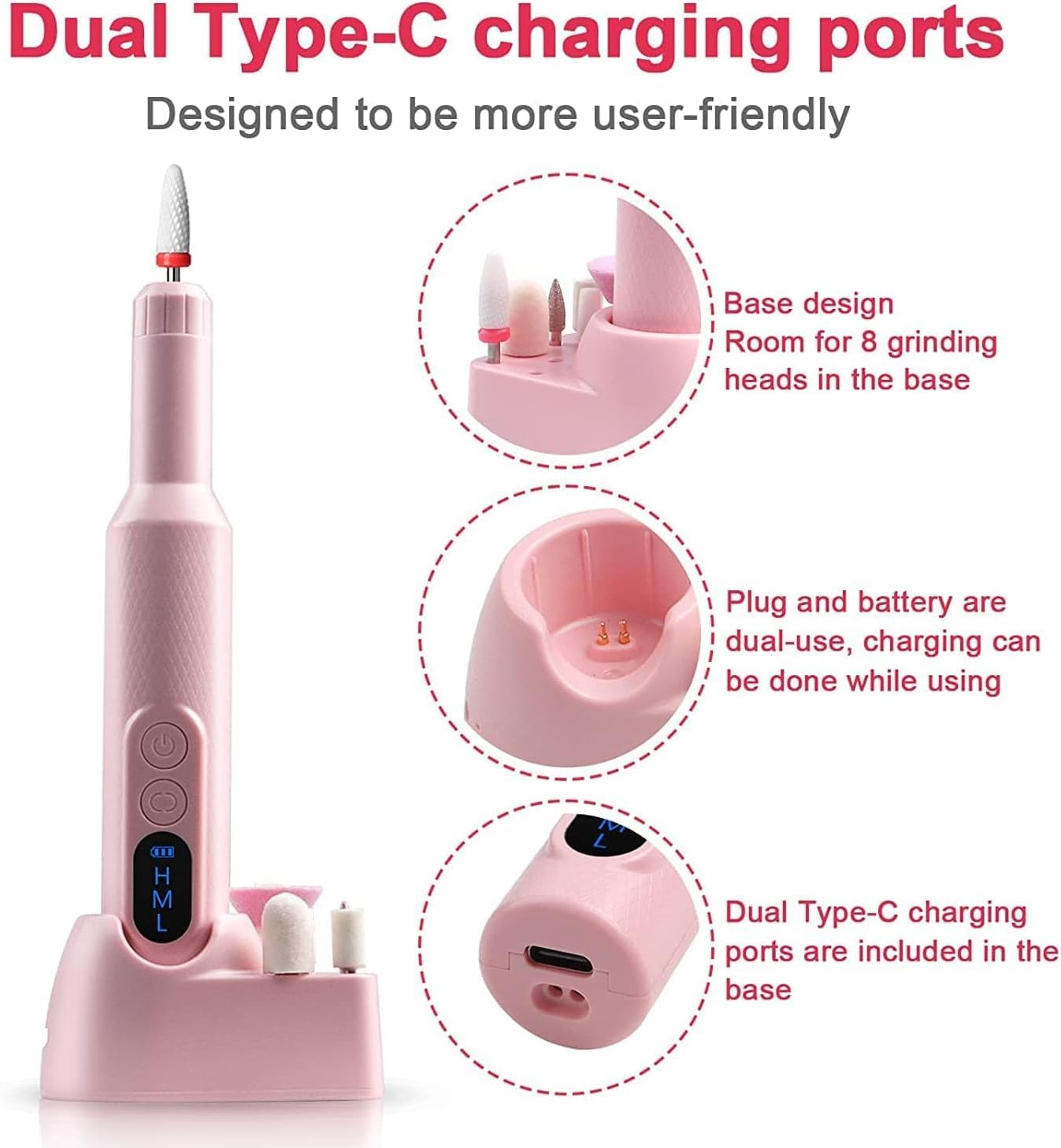 XIULIUU Electric Nail Drill, 13 in 1 Manicure Pedicure Set, Portable, with Nail Drill Bits, Sanding Bands, Adjustable Speed image number 5