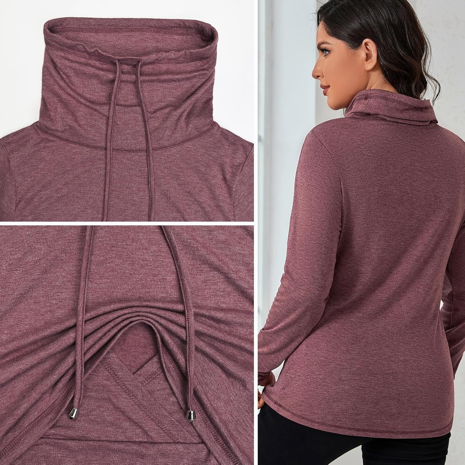 GINKANA Womens Nursing Tops Breastfeeding Sweatshirts Shirts Long Sleeve Drawstring Cowl Neck Nursing Tee Shirts Blouse image number 6