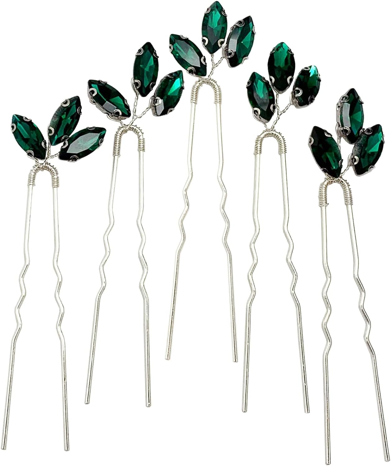 BETITETO Crystal Bridal Hair Pins Accessories 5 Pieces U-Shaped Rhinestone Headpiece for Wedding Party (Emerald Green) image number 4