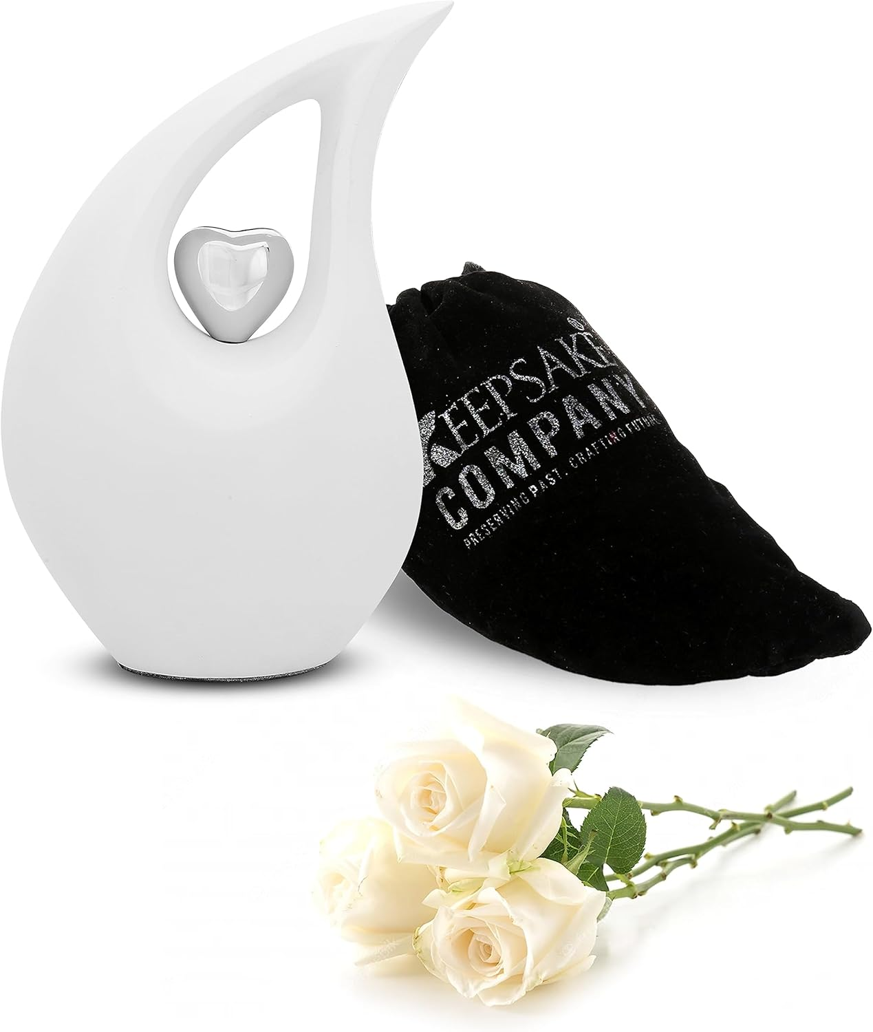 KEEPSAKE COMPANY White Tear Drop Medium Urns for Human Ashes with Silver Heart (6 Inch Height)-Unique Medium Urn-Decorative Urns-Cremation Urn-Burial Urns-Keepsake Urn-Funeral Urn-Funeral Urns