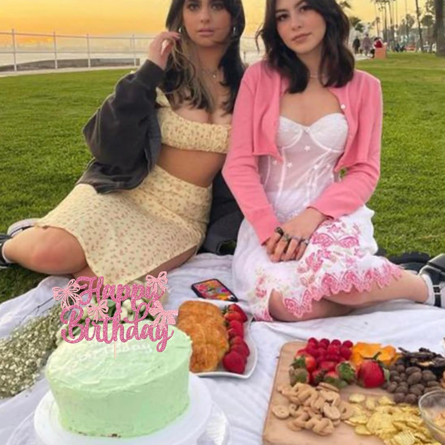 SYKYCTCY 1 Pack Bow Happy Birthday Cake Topper Glitter Coquette Cake Pick Decorations for Girls Women Birthday Theme Baby Shower Party Supplies (Pink) - Pink image number 4