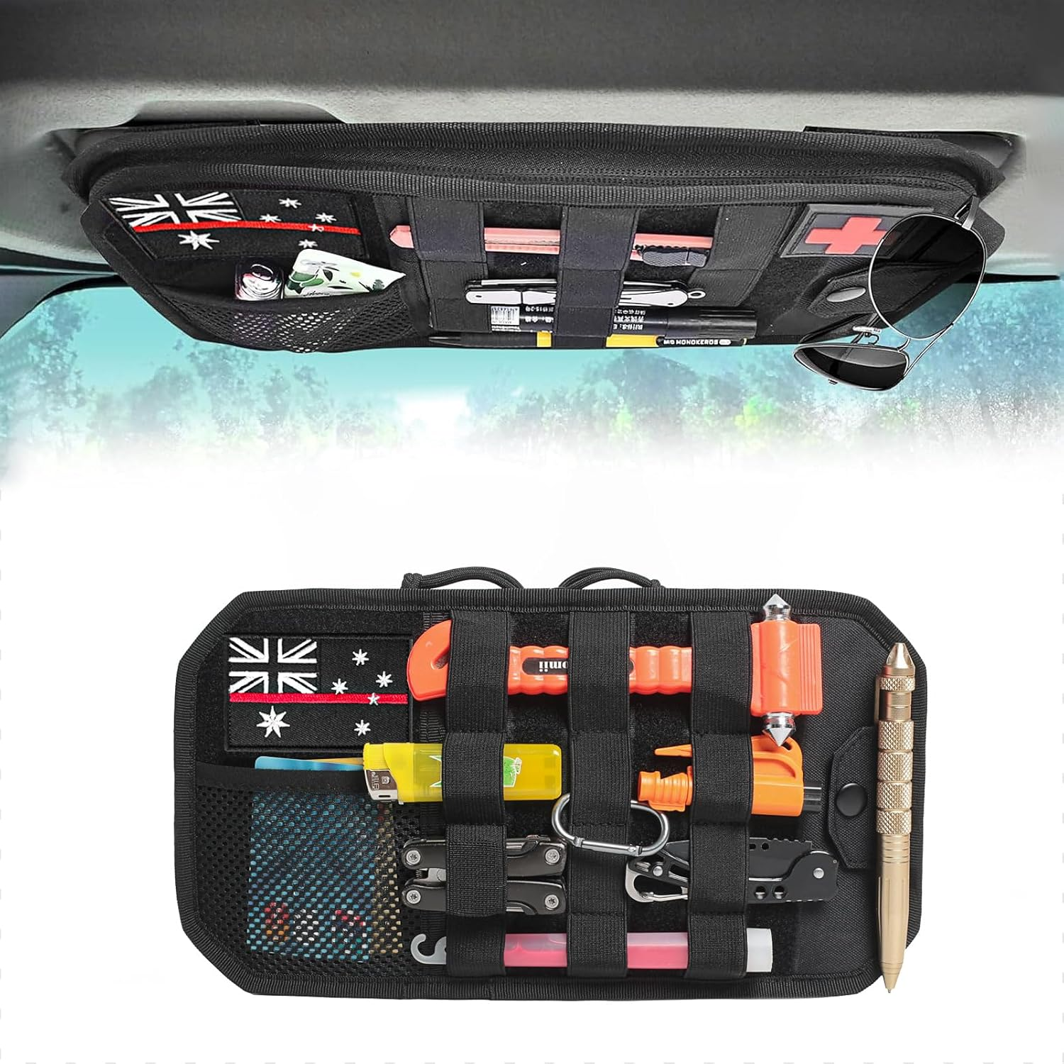 Molle Car Visor Organiser, Ultra-Slim Dashboard Storage Pouch with Elastic Loops & Mesh Pocket for Cards, Pen, Flashlight - Universal Fit for Cars, SUV, Trucks and More image number 3