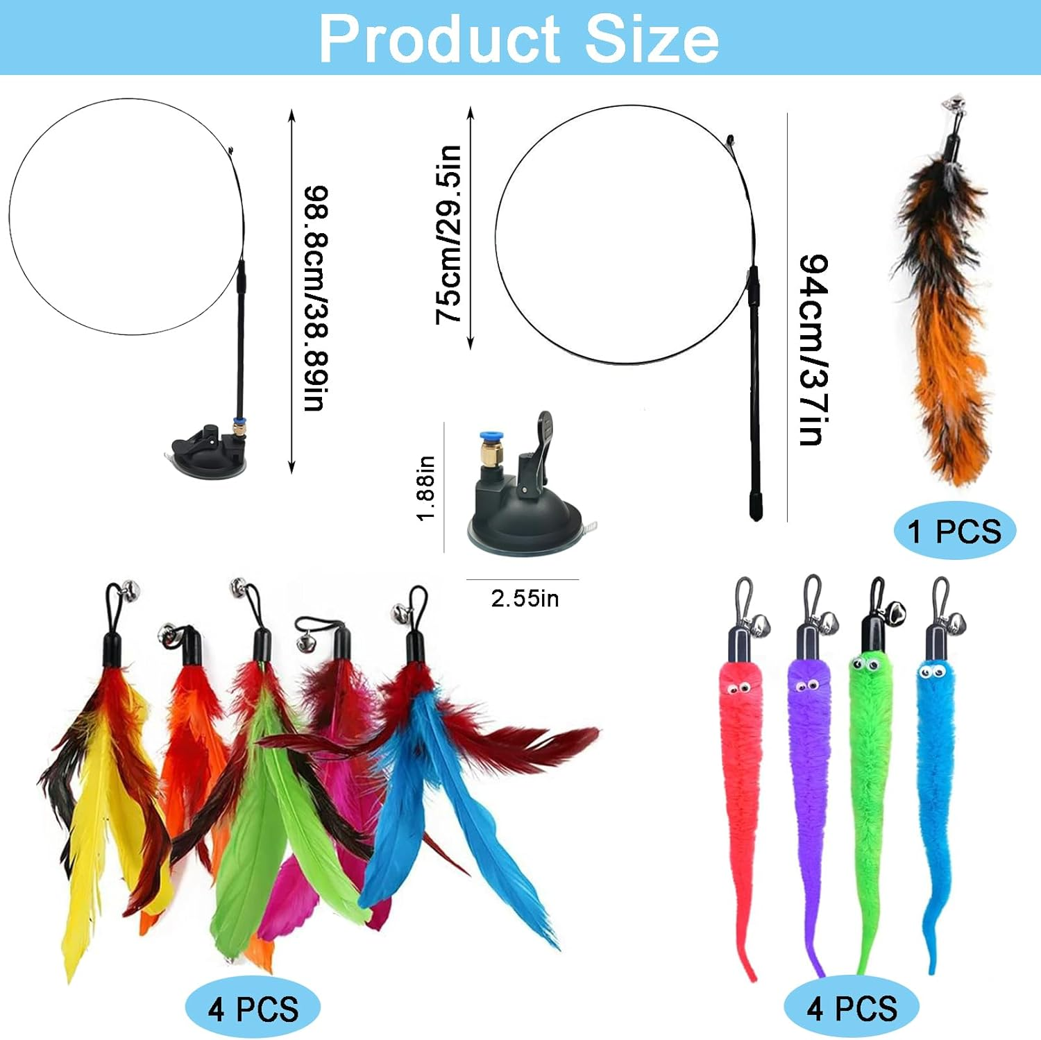 Cat Wand Toy,Cat Toys for Indoor Cats,Suction Cup Cat Fishing Pole Toy,17 Pcs Cat Toys with 14 Replacebments Feather,Cat Toys for Bored Indoor Adult and Kitten Cats