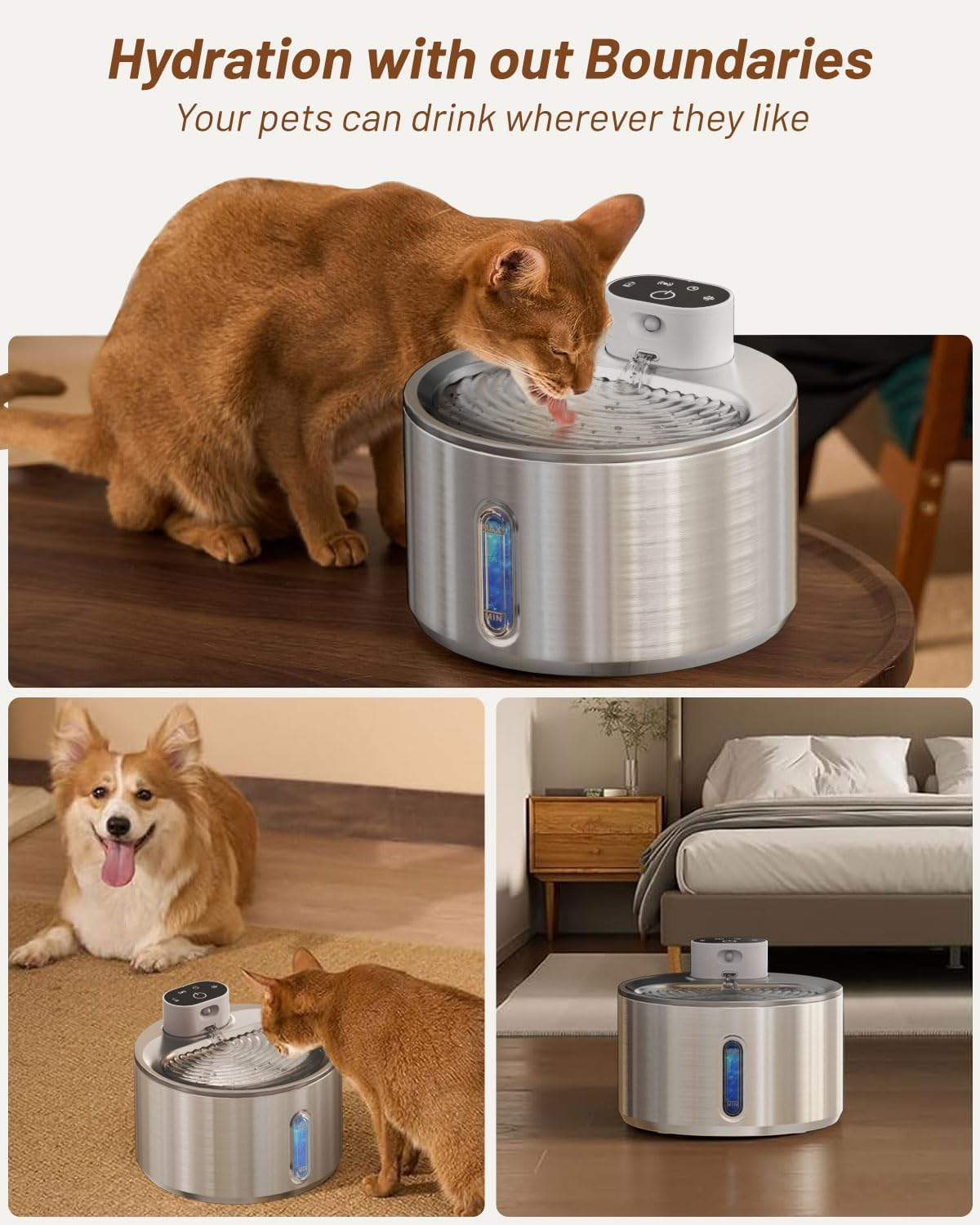 LOVELEDI Wireless Cat Water Fountain - 4L Automatic Stainless Steel Pet Fountain Battery Operated 5000Mah, Cordless Pet Drinking Fountain for Cats & Dogs with Motion Sensor, Ultra Quiet Pump image number 2