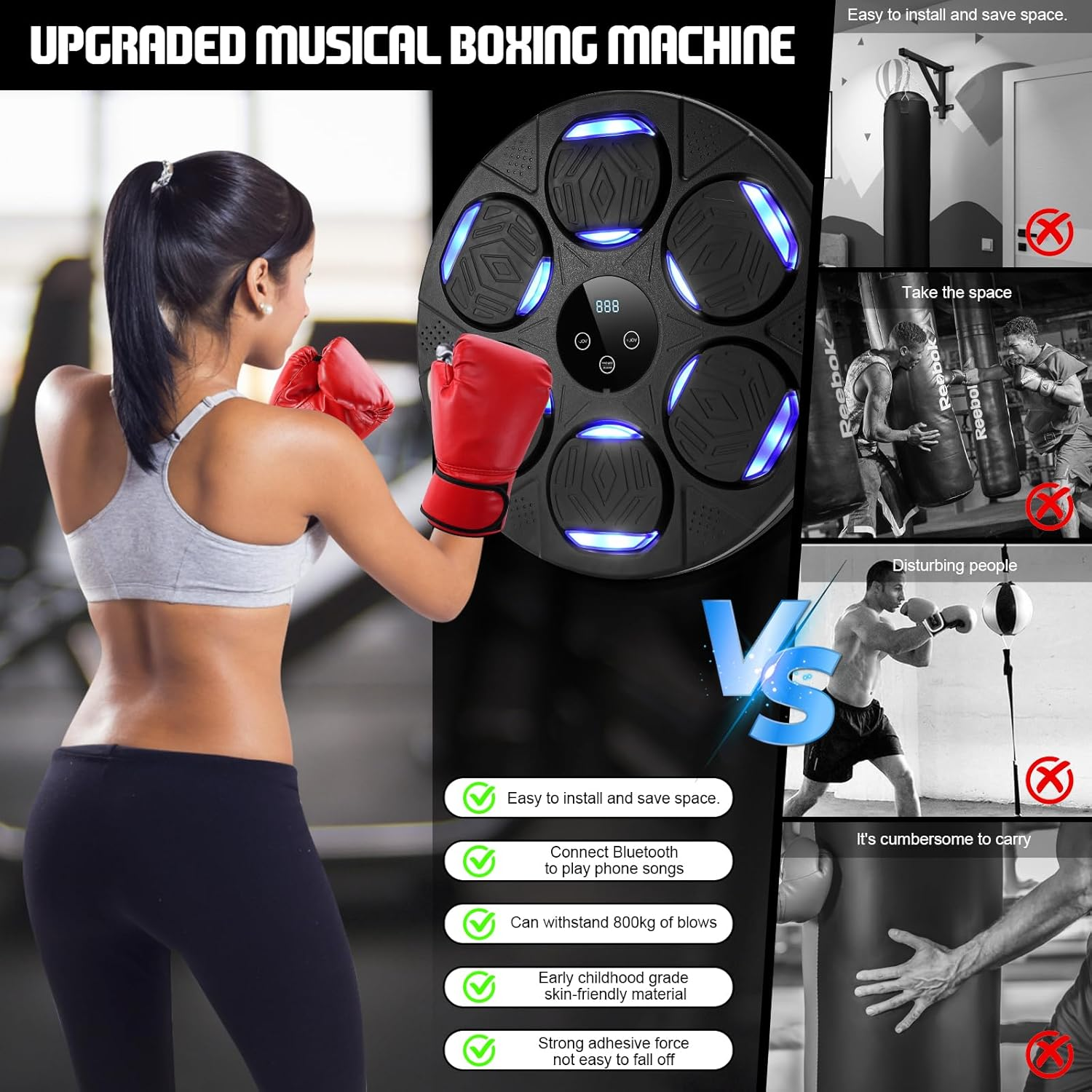 Music Boxing Machine, Smart Boxing Machine Wall Mounted with Boxing Gloves USB Charging Punching Machine Game Training Equipment Pad Devices Bluetooth Connection for Kids/Adults image number 6