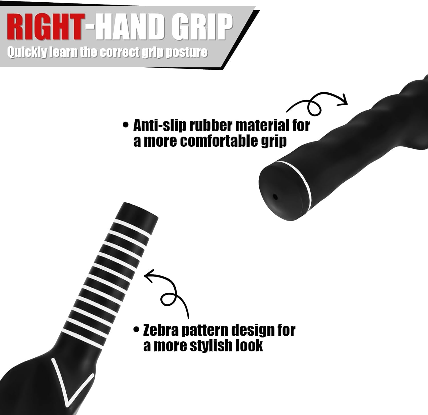 Gosknor Right-Hand Golf Training Grip, Anti-Slip Rubber Swing Trainer, Zebra Pattern, 2.8Cm Diameter, Black image number 4