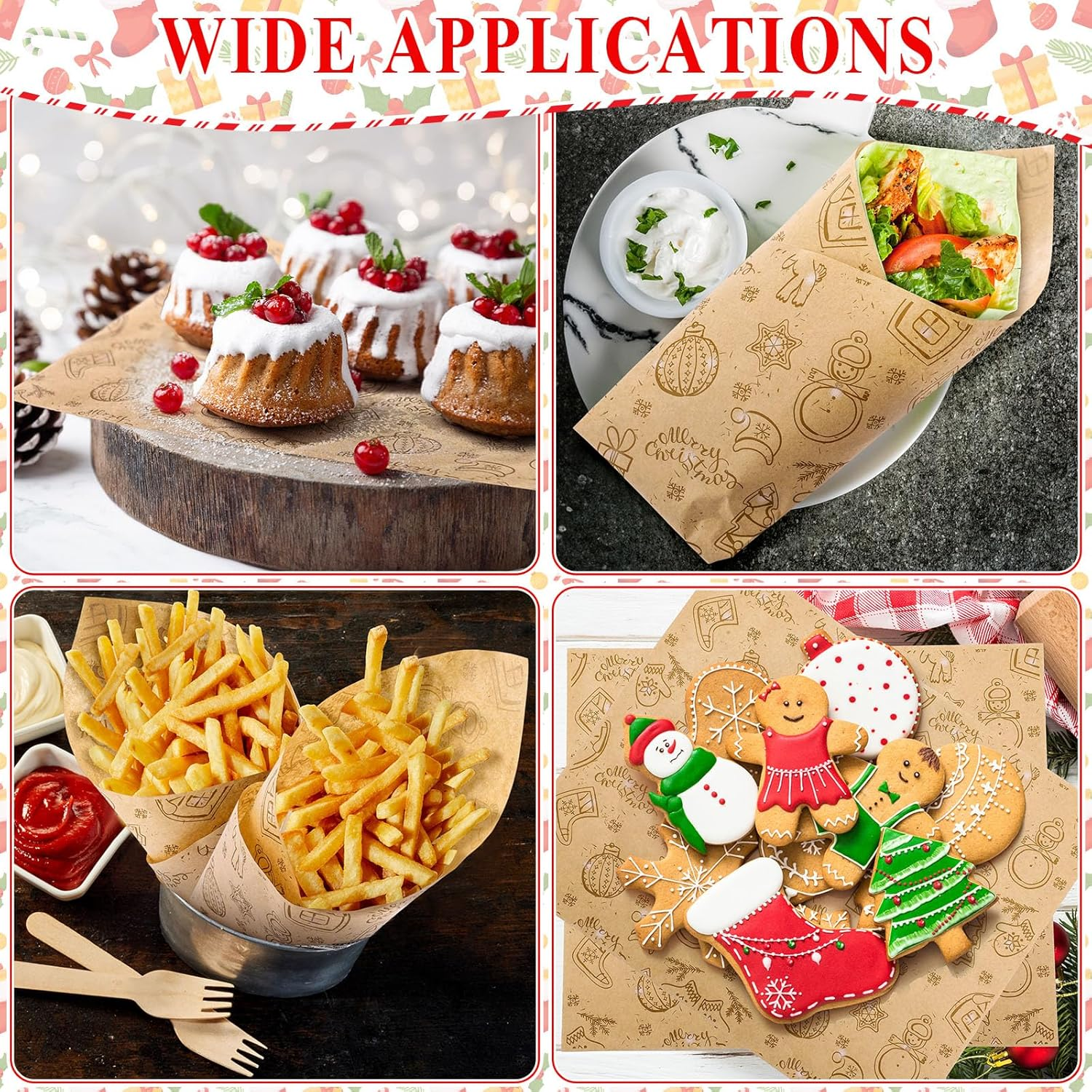 150 Pieces Wax Paper Sheets Christmas Wrap Paper Grease Resistant Paper Liners Greaseproof Paper Food Wrap Wrapping Tissue Sandwich Wrap Paper for Restaurant Food Supplies (Cute Style, Brown) image number 6