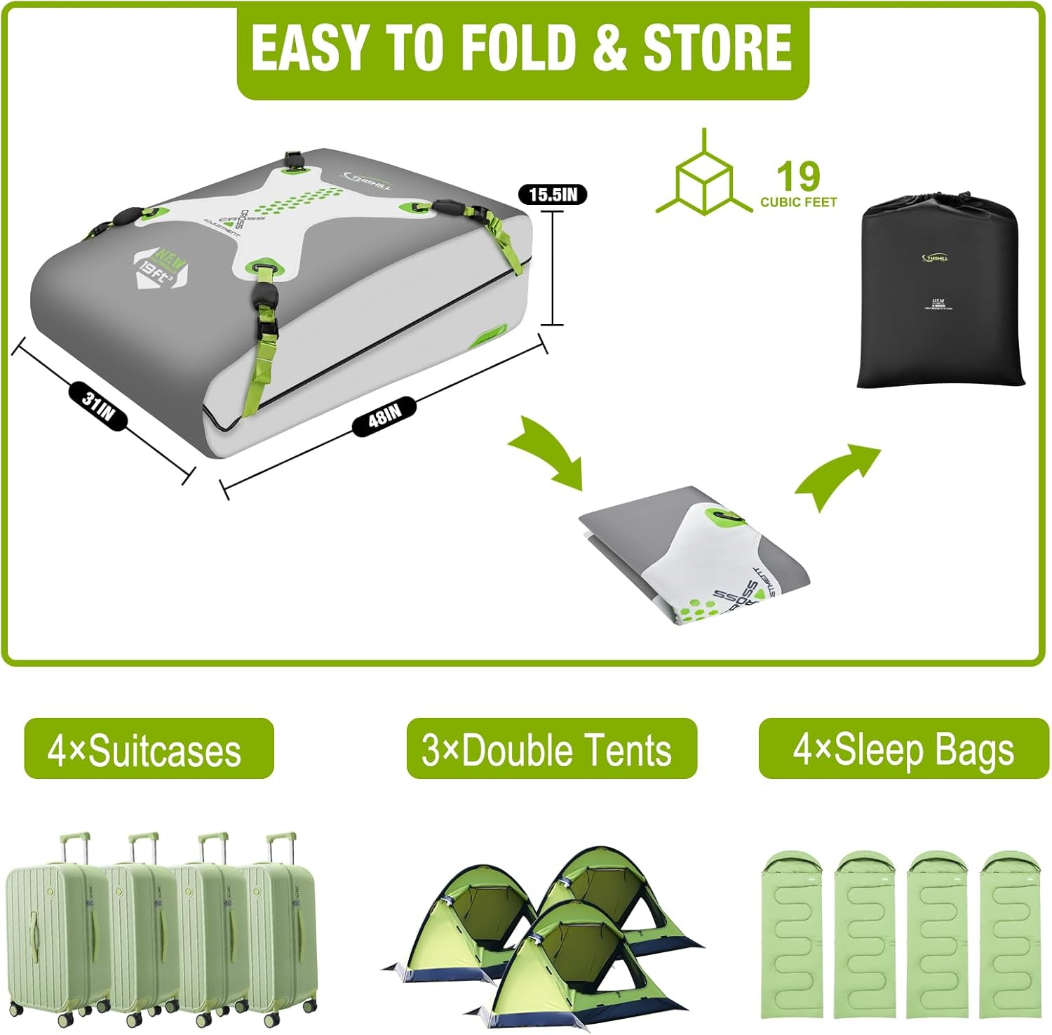 Car Rooftop Cargo Carrier Bag 19 Cubic Feet,2023 Upgraded Non-Rip 100% Waterproof Roof Bag Luggage Storage Carriers for All Vehicles With/Without Rack,Including 8 Reinforced Straps+ 4 Door Hooks image number 5