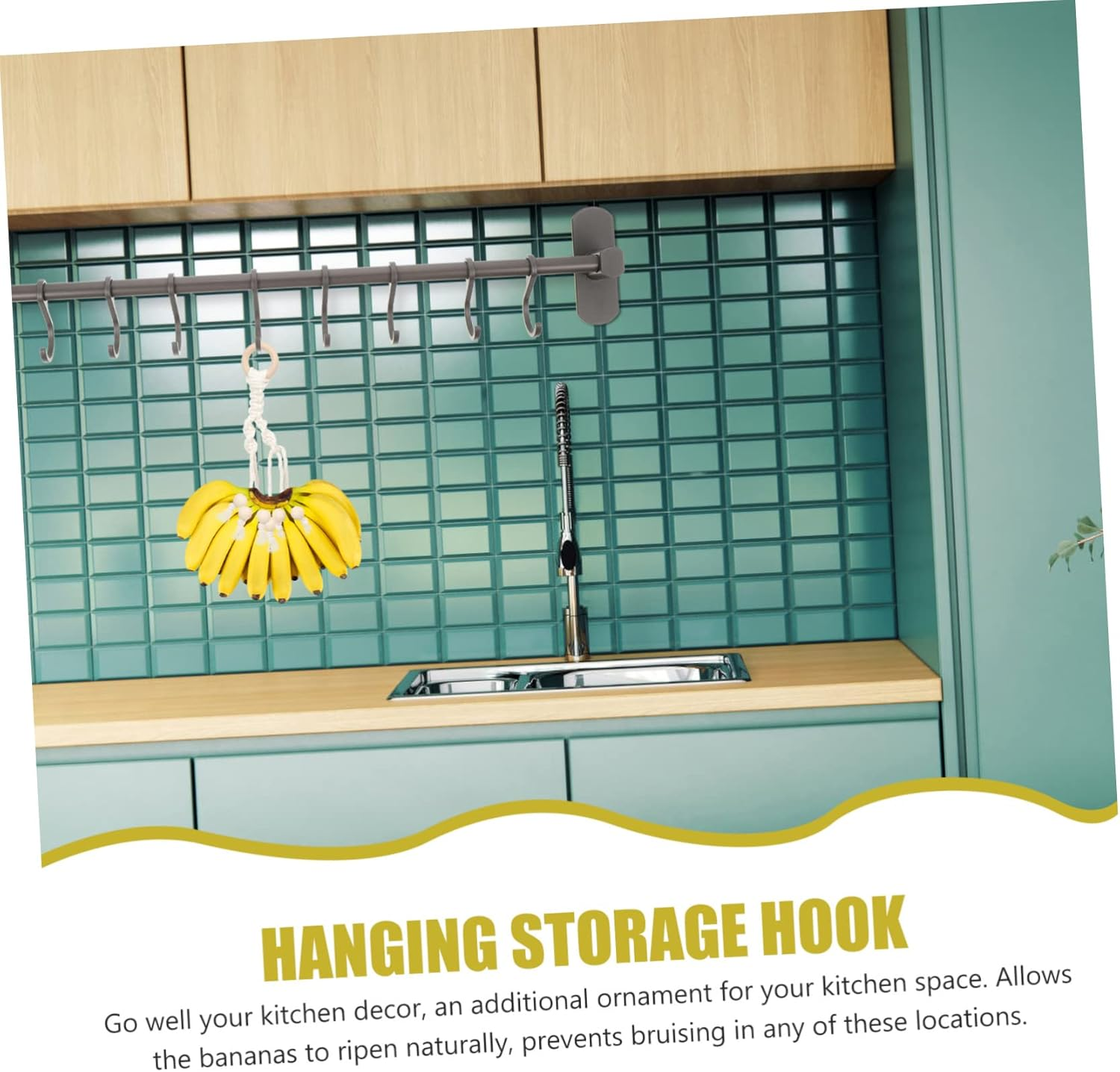 OKUMEYR 2Pcs Macrame Banana Hanger Cotton Rope Wooden Beads Kitchen Fruit Holder under Cabinet Hanging Storage for Home Decor image number 5