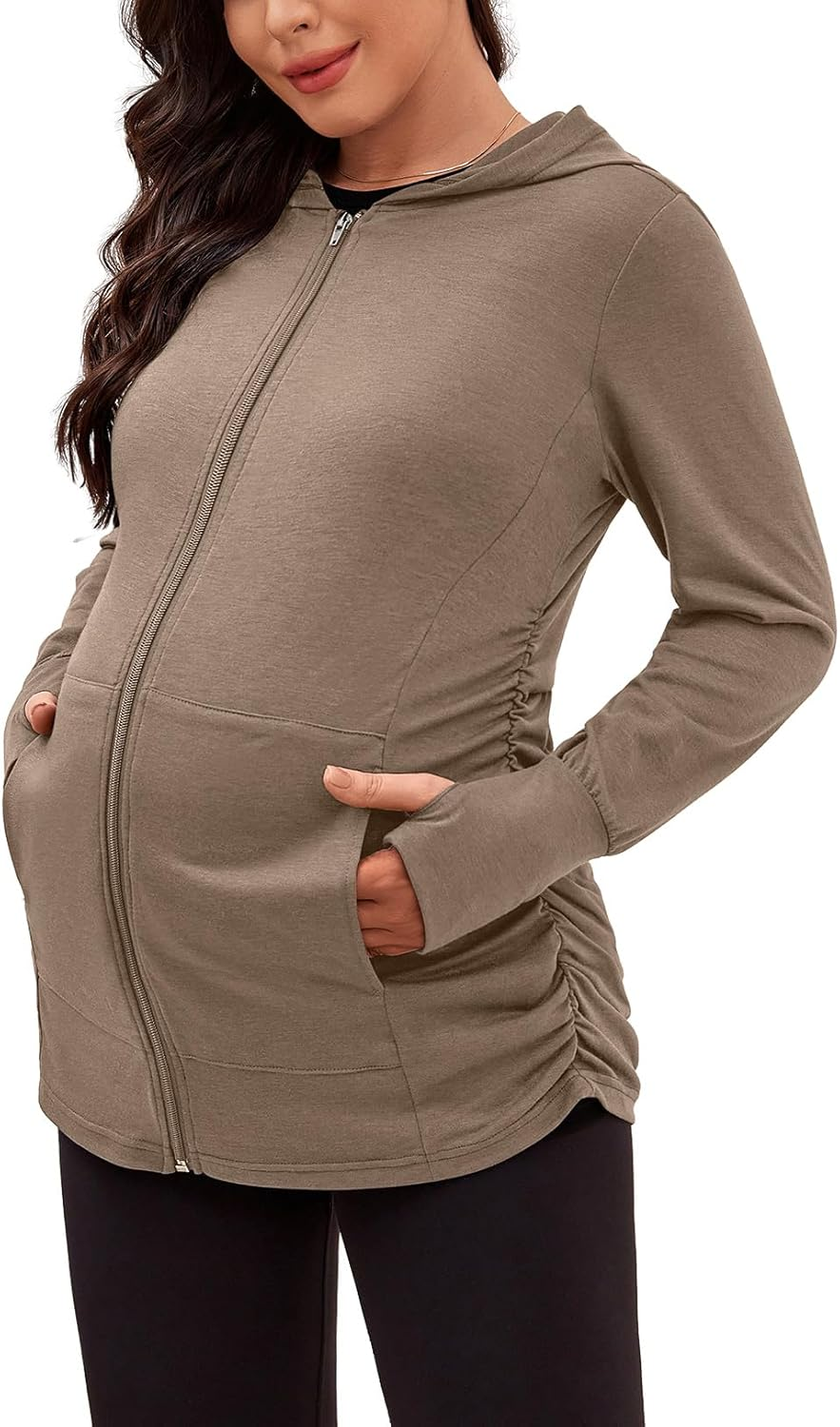 DEBELLY Maternity Sweatshirts Long Sleeve Full Zip Hoodie Casual Pregnancy Women Jacket Top with Pockets,Thumb Hole,Side Ruch